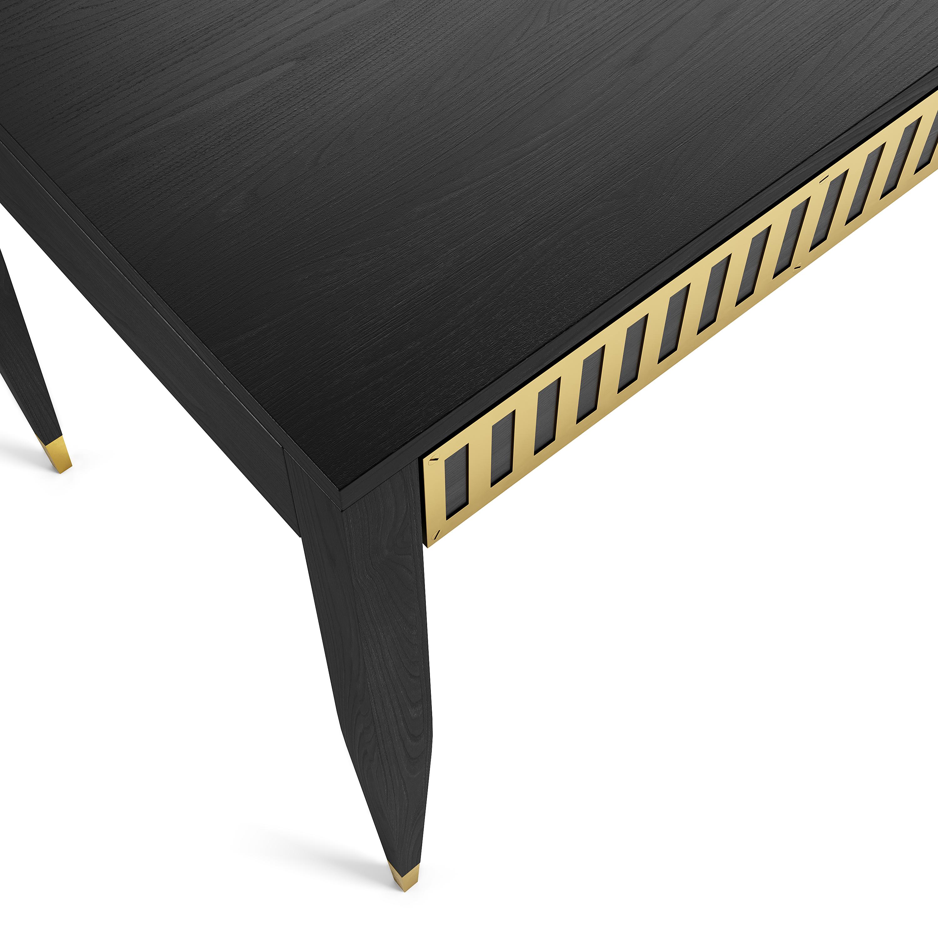 Mid-Century Modern Black oak desk with three drawers with brass fronts in mid century modern style For Sale