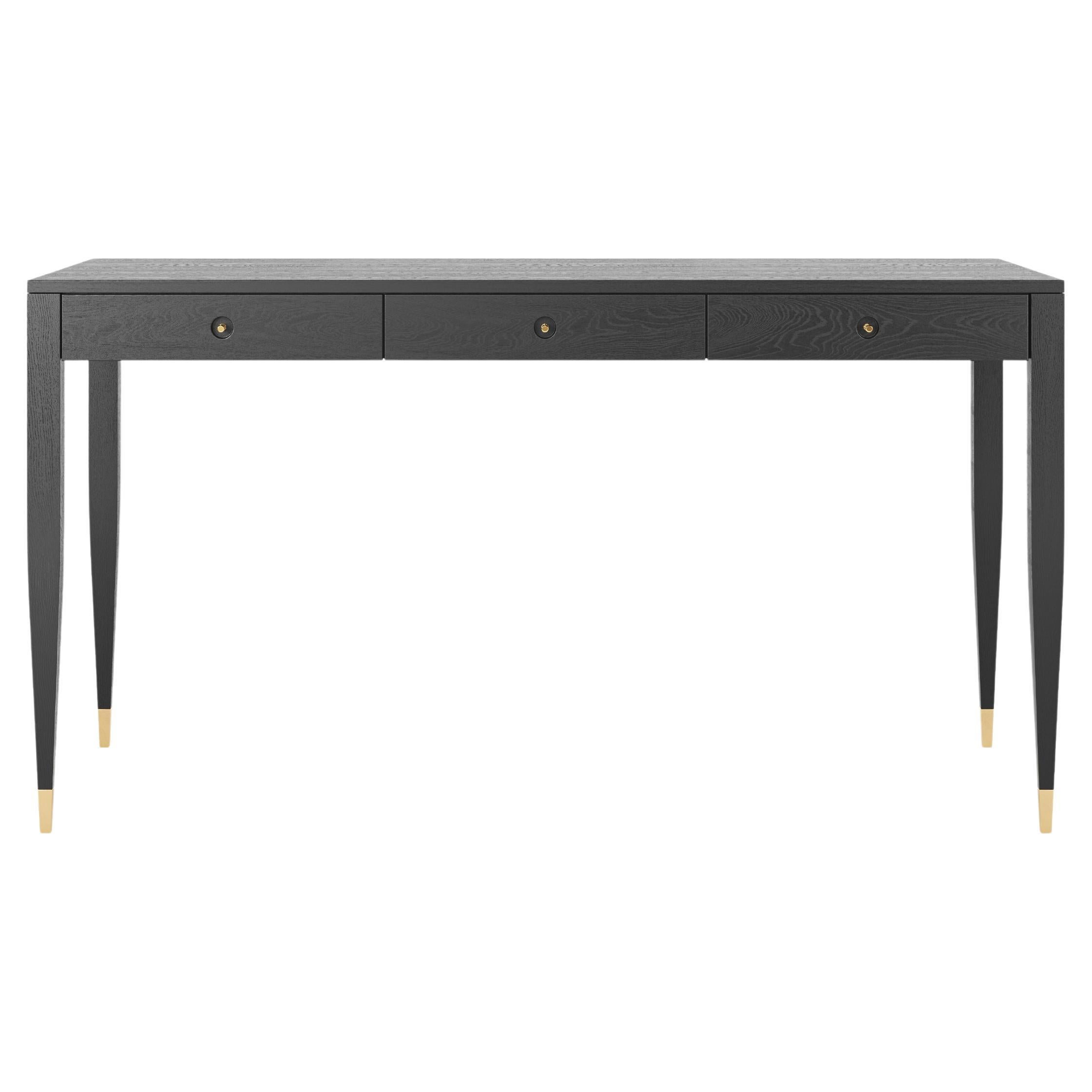 Black oak desk with three solid drawers in mid century modern style