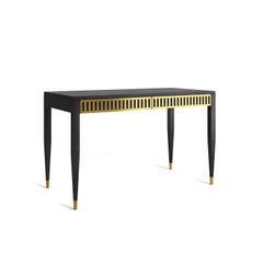 Black oak desk with two drawers with brass fronts in mid century modern style