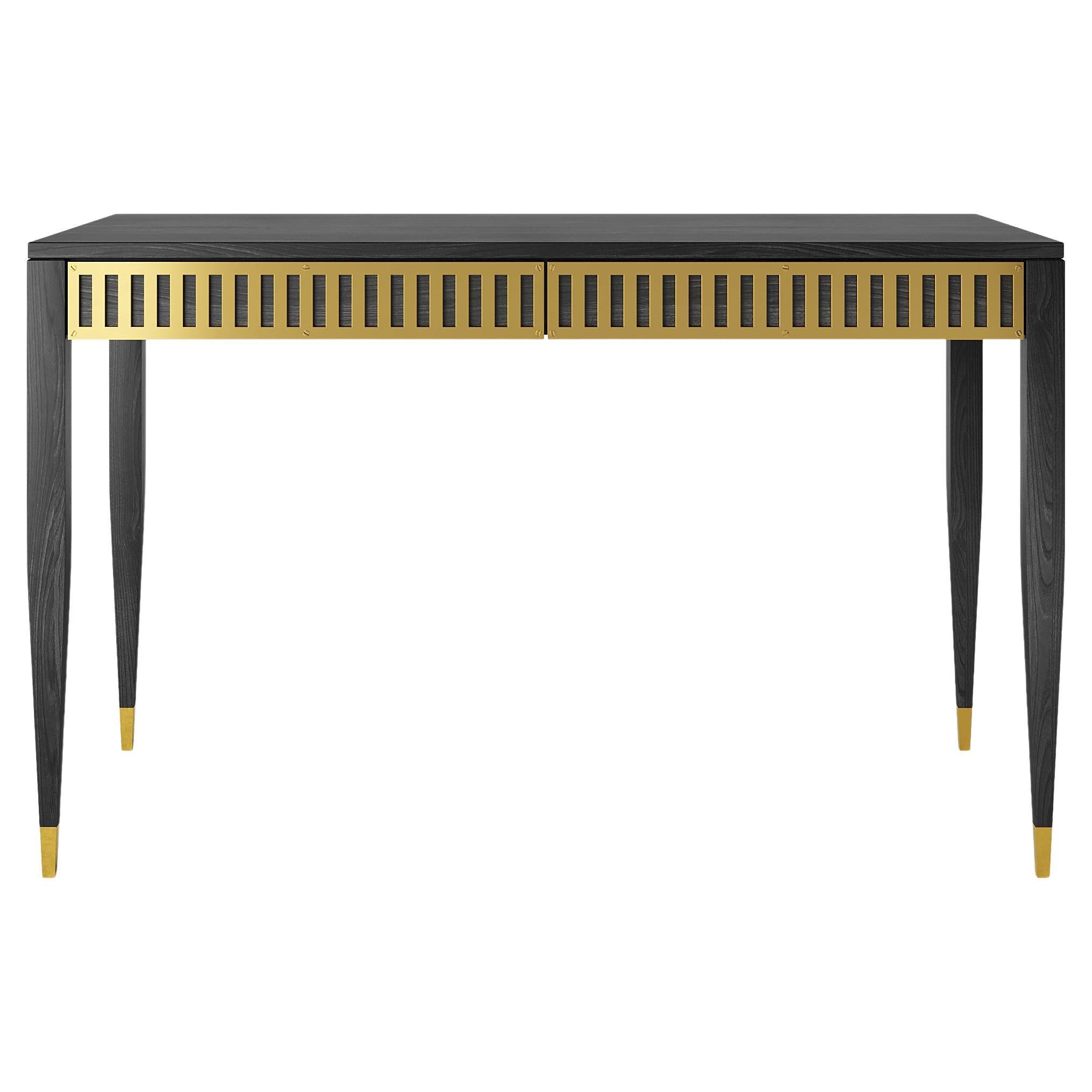 Black oak desk with two drawers with brass fronts in mid century modern style