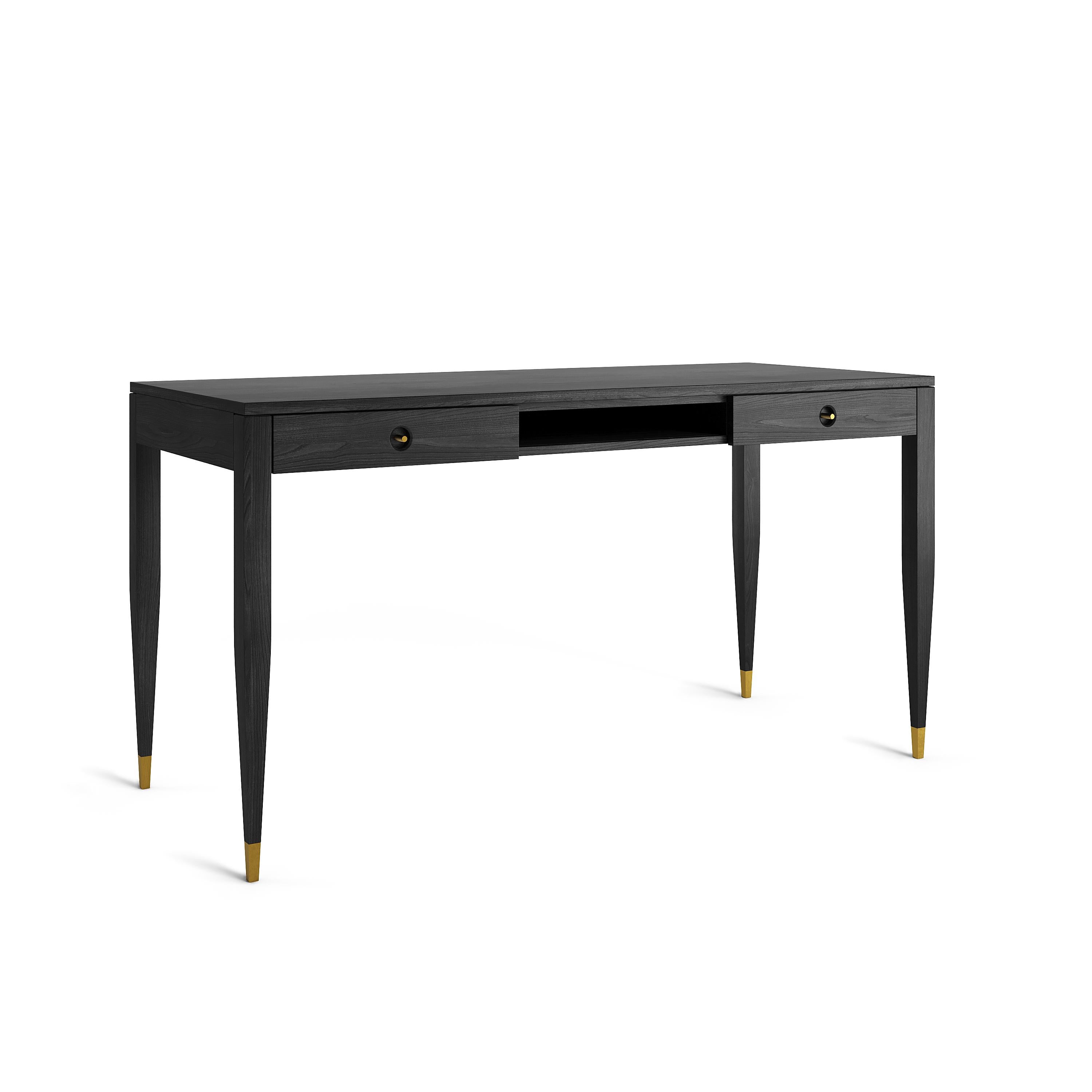 Desk in mid-century style with two drawers, shelf and brass handles. The tapered legs are finished with brass plated aluminum feet. Desk made of solid oak wood and wood covered with natural oak veneer. Other wood on request. Perfect as office desk,