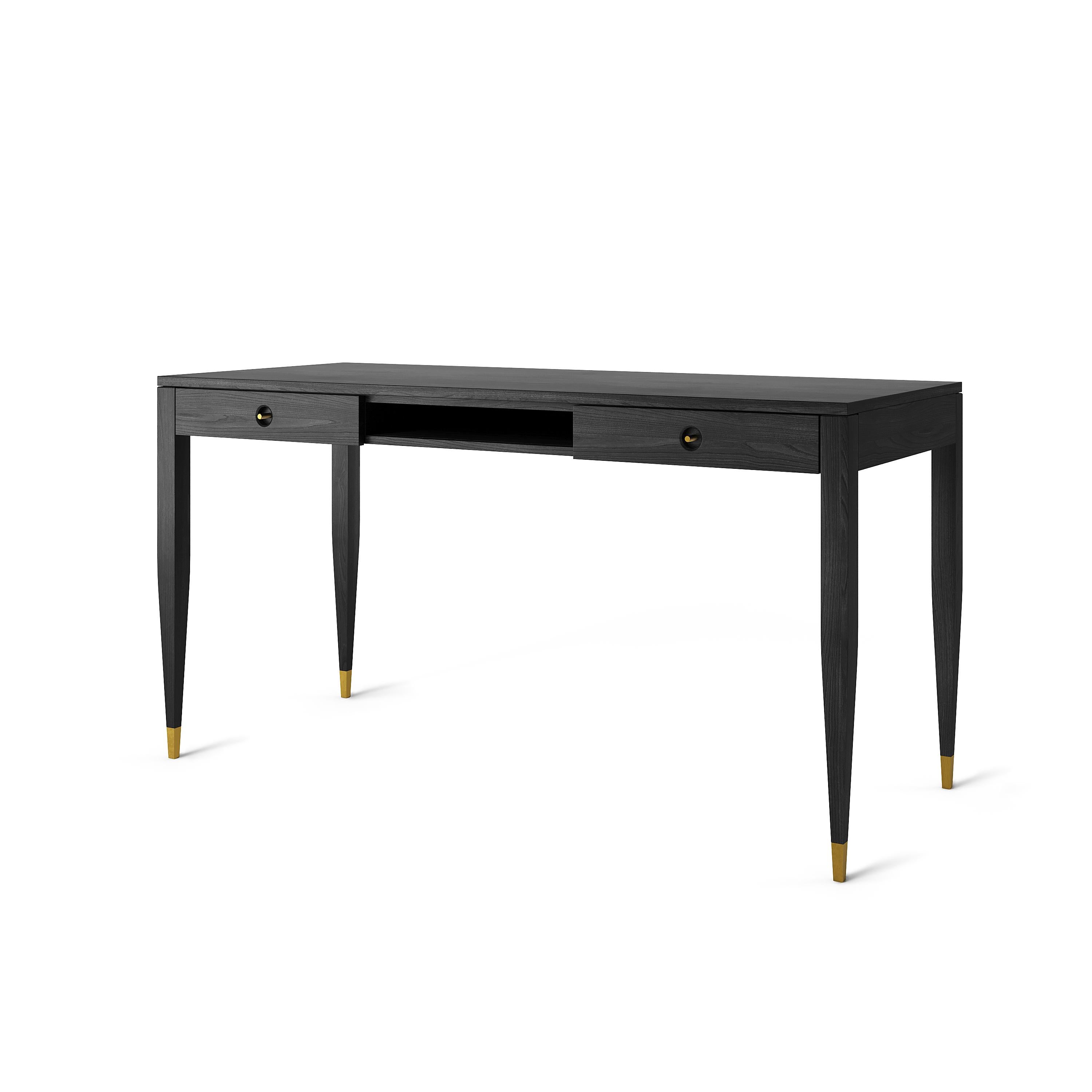 European Black oak desk with two solid drawers and shelf in mid century modern style For Sale
