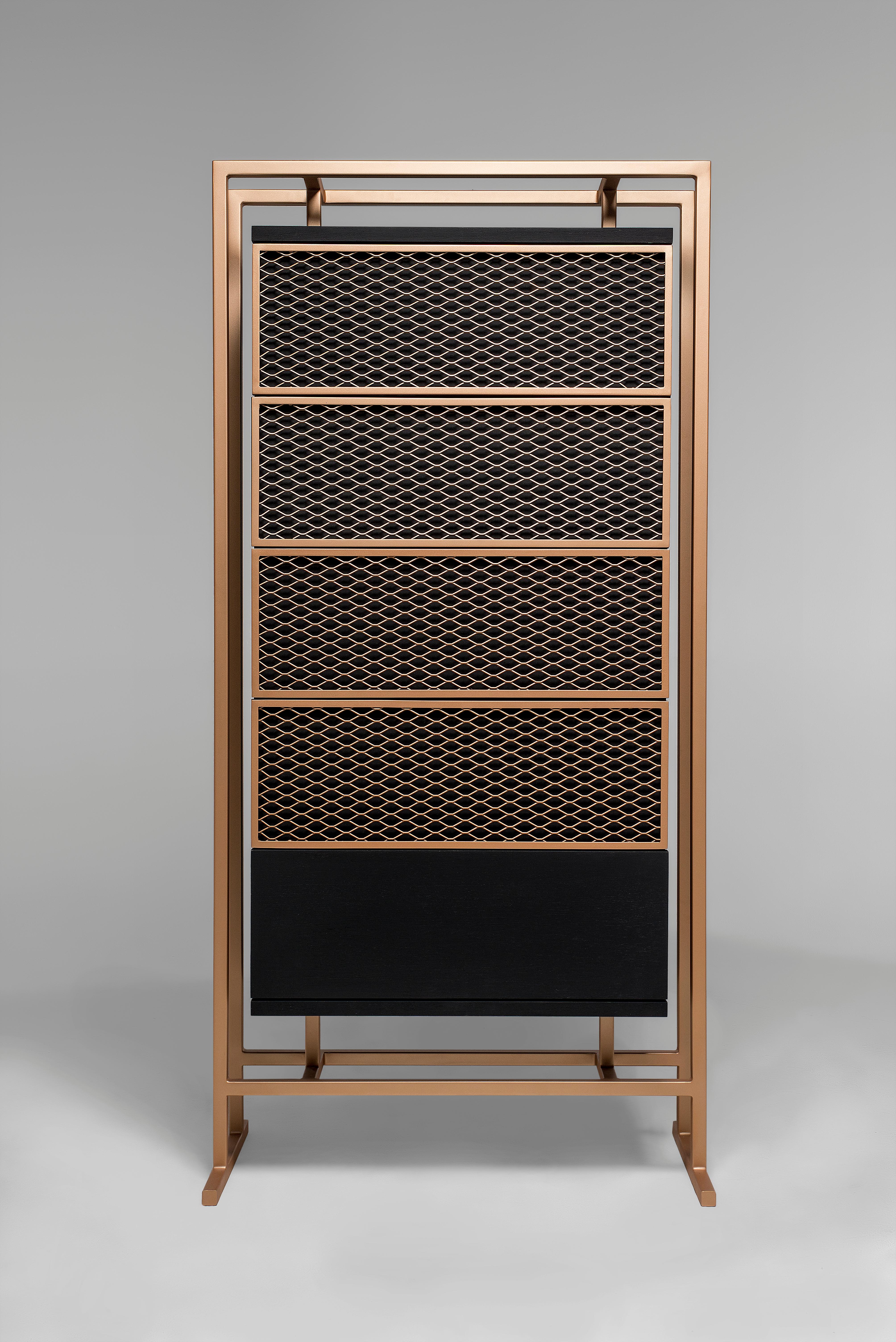 Excellent in size and style, the Ezera drawer is a perfect fit for any living room, narrow corridor and entry hall. Fabricated out of wood, metal, and designed by Lara Batista, this modern cabinet is a master class of design that brings with it the