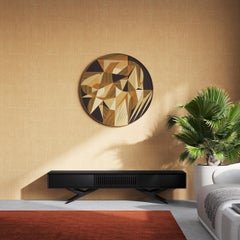 Black oak long TV stand lowboard with slatted door in mid century modern style