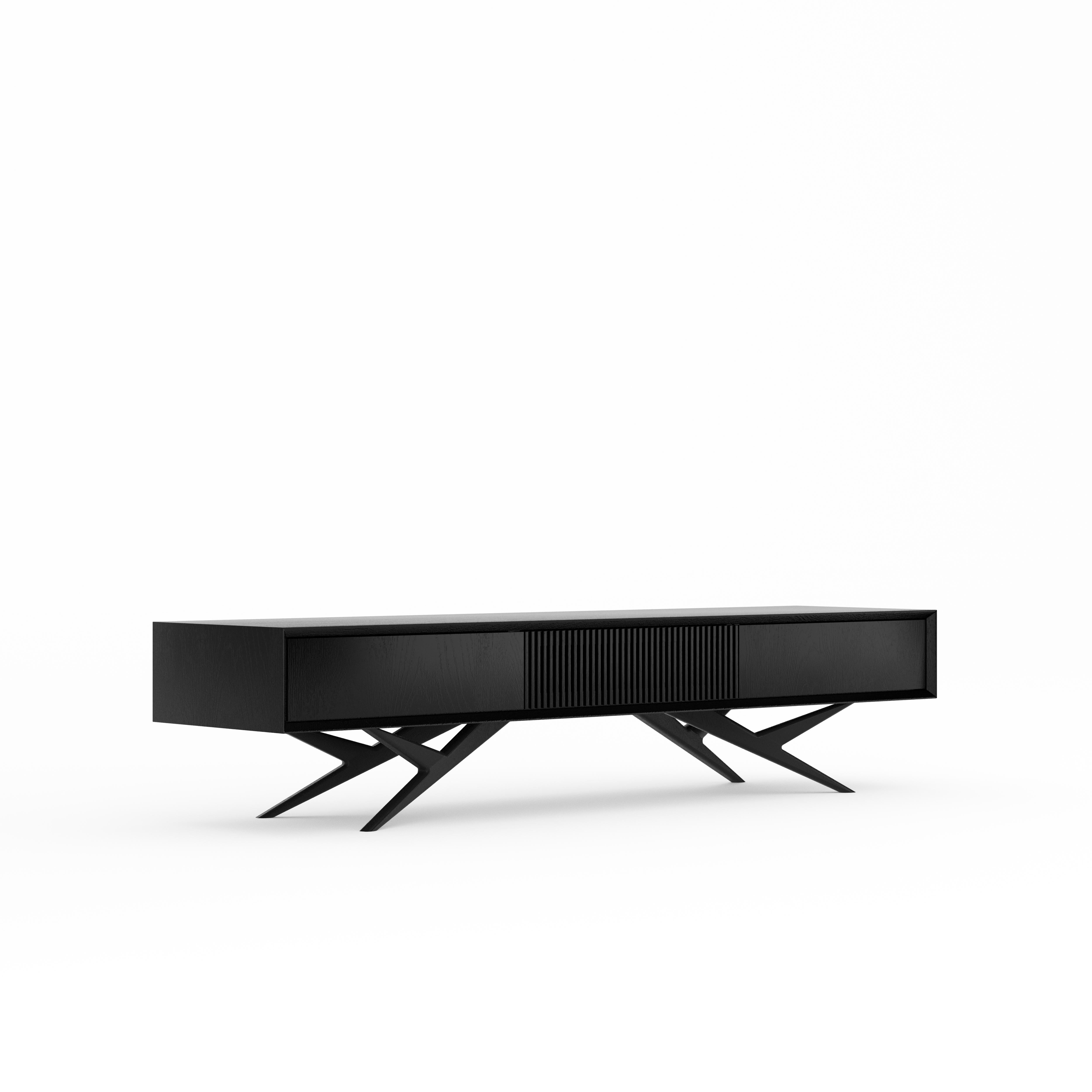 Mid-Century Modern Black oak long TV stand lowboard with slatted door in mid century modern style For Sale