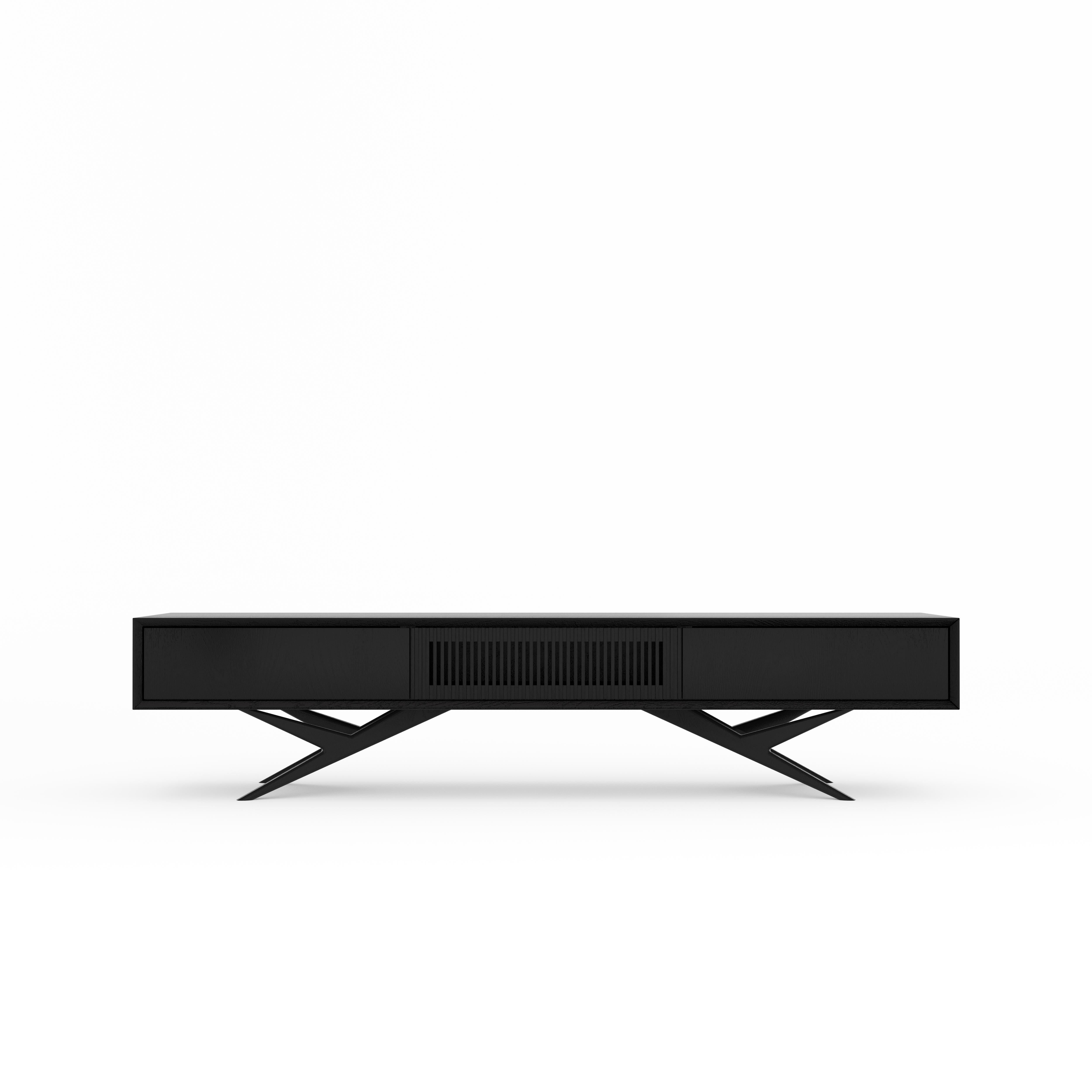 Polish Black oak long TV stand lowboard with slatted door in mid century modern style For Sale
