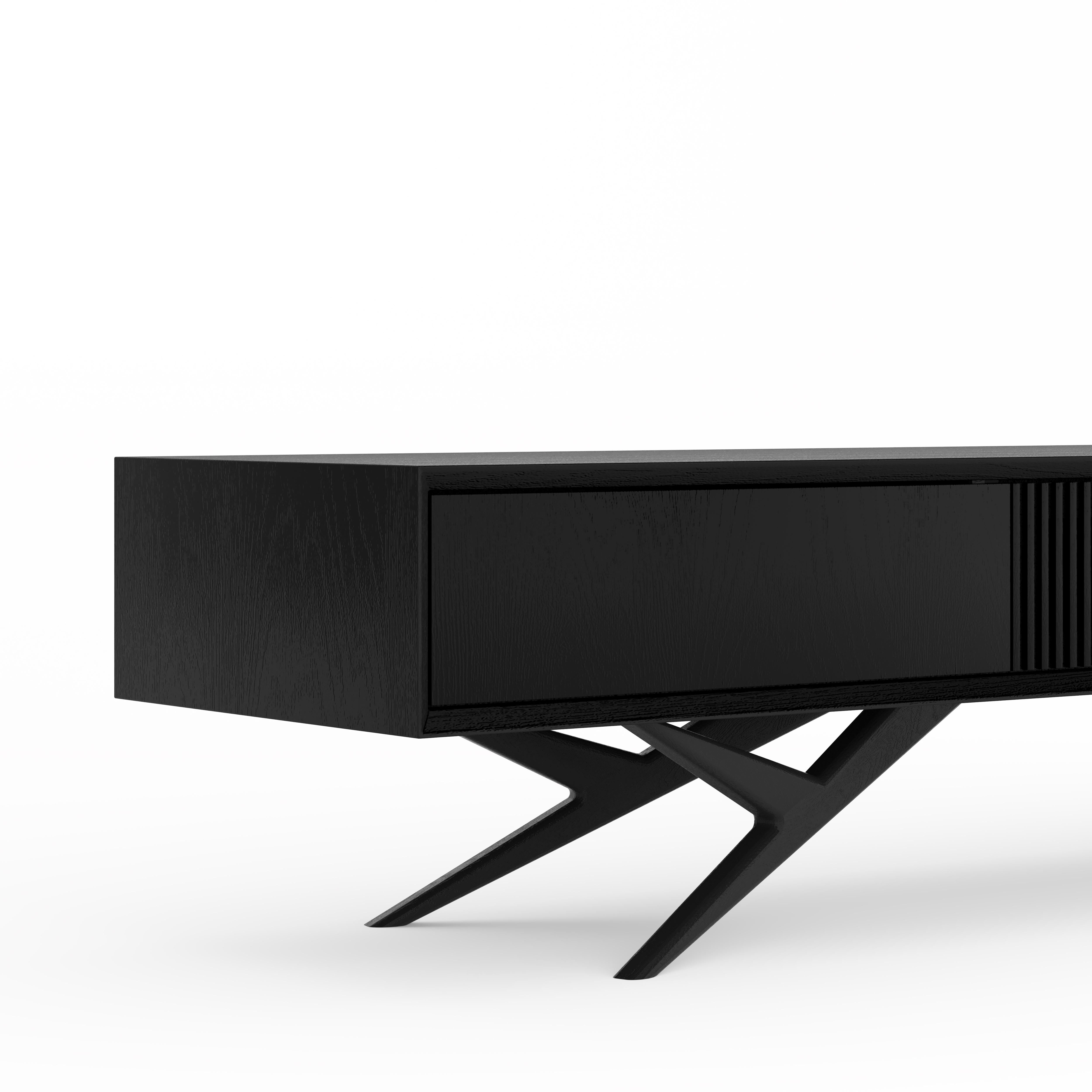 Hand-Crafted Black oak long TV stand lowboard with slatted door in mid century modern style For Sale