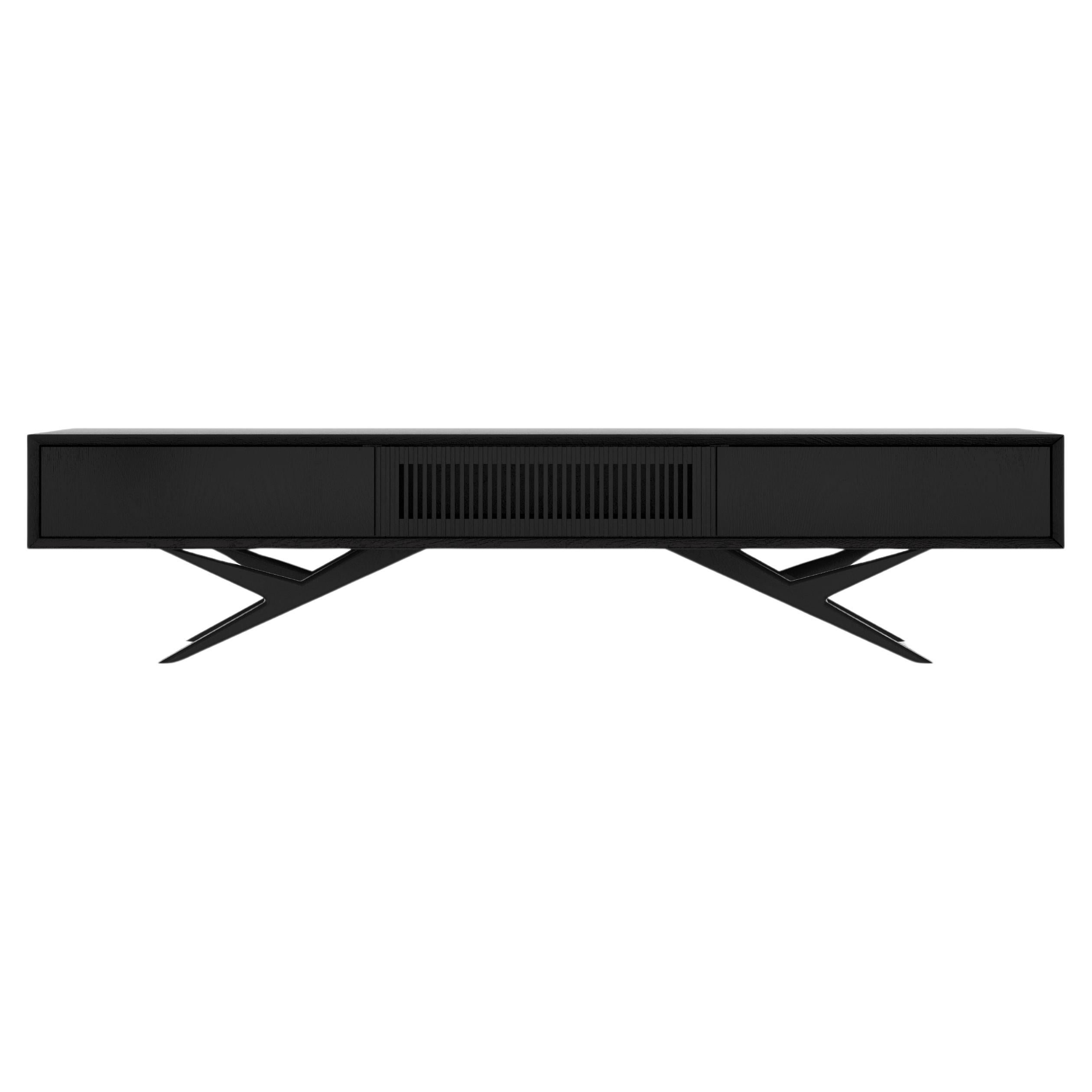 Mobile TV lungo in rovere nero con anta a doghe in stile mid century modern