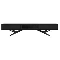 Black oak long TV stand lowboard with slatted door in mid century modern style