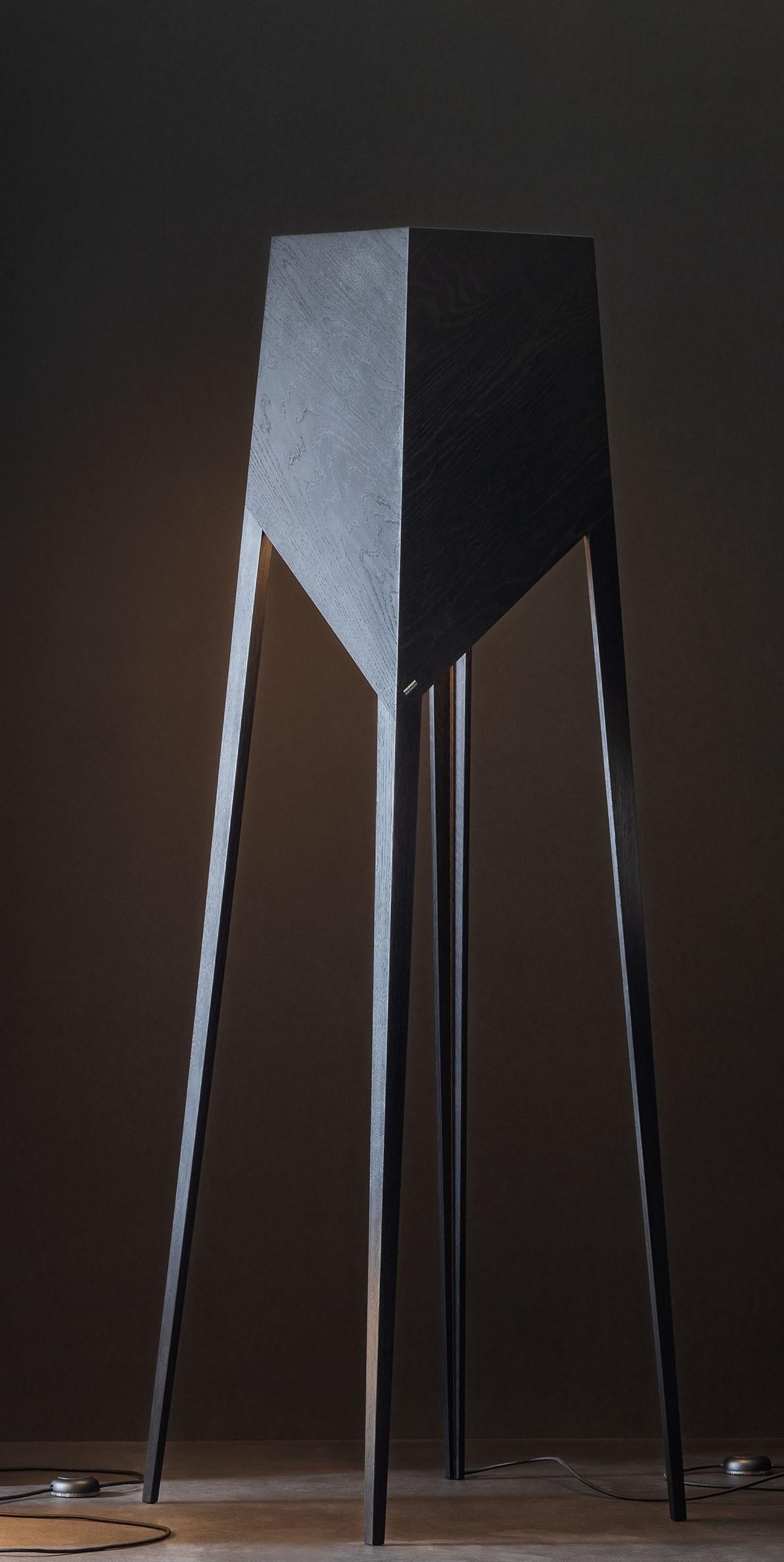 Black oak Luise Mum floor lamp by Matthias Scherzinger
Dimensions: H 185 x 55 cm
Materials: oak: black stained hard wax

All our lamps can be wired according to each country. If sold to the USA it will be wired for the USA for