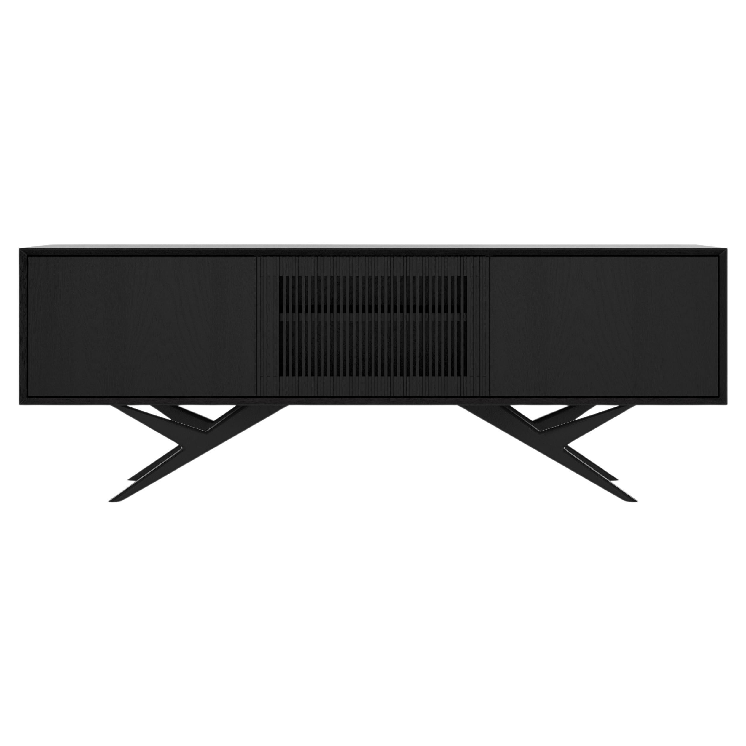 Credenza in Oak nero con anta a doghe e base organica - Mid-Century Modern in vendita