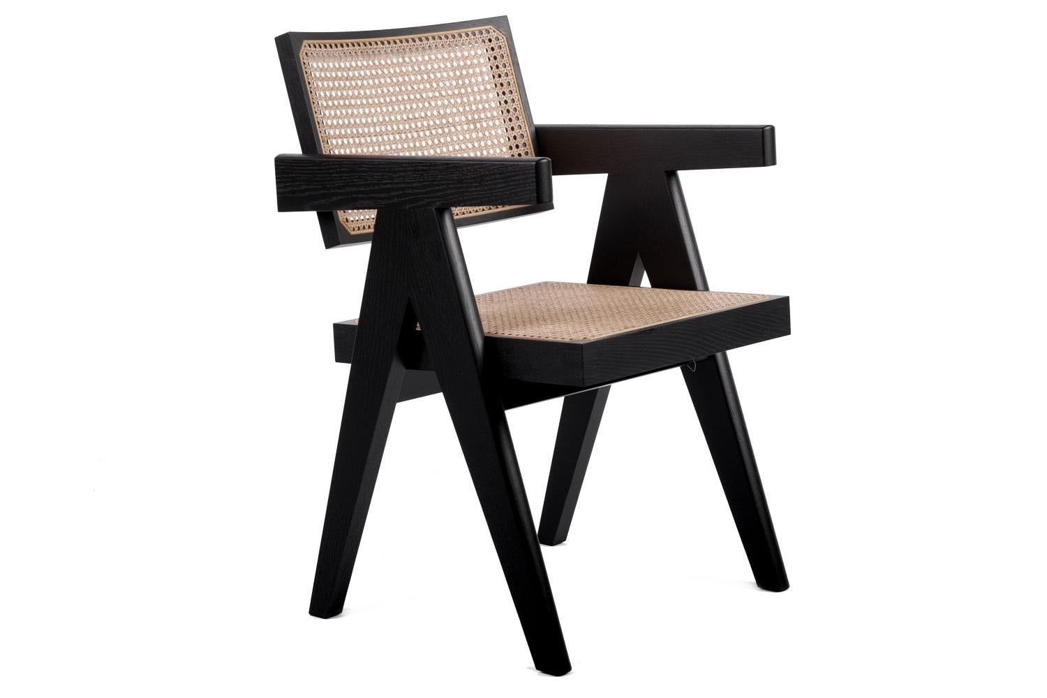 Modern Black Oak Stained Frame Chair with Woven Cane Seat + Back with Cushion, Cassina