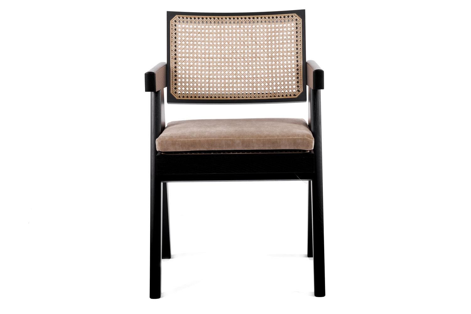 Italian Black Oak Stained Frame Chair with Woven Cane Seat + Back with Cushion, Cassina