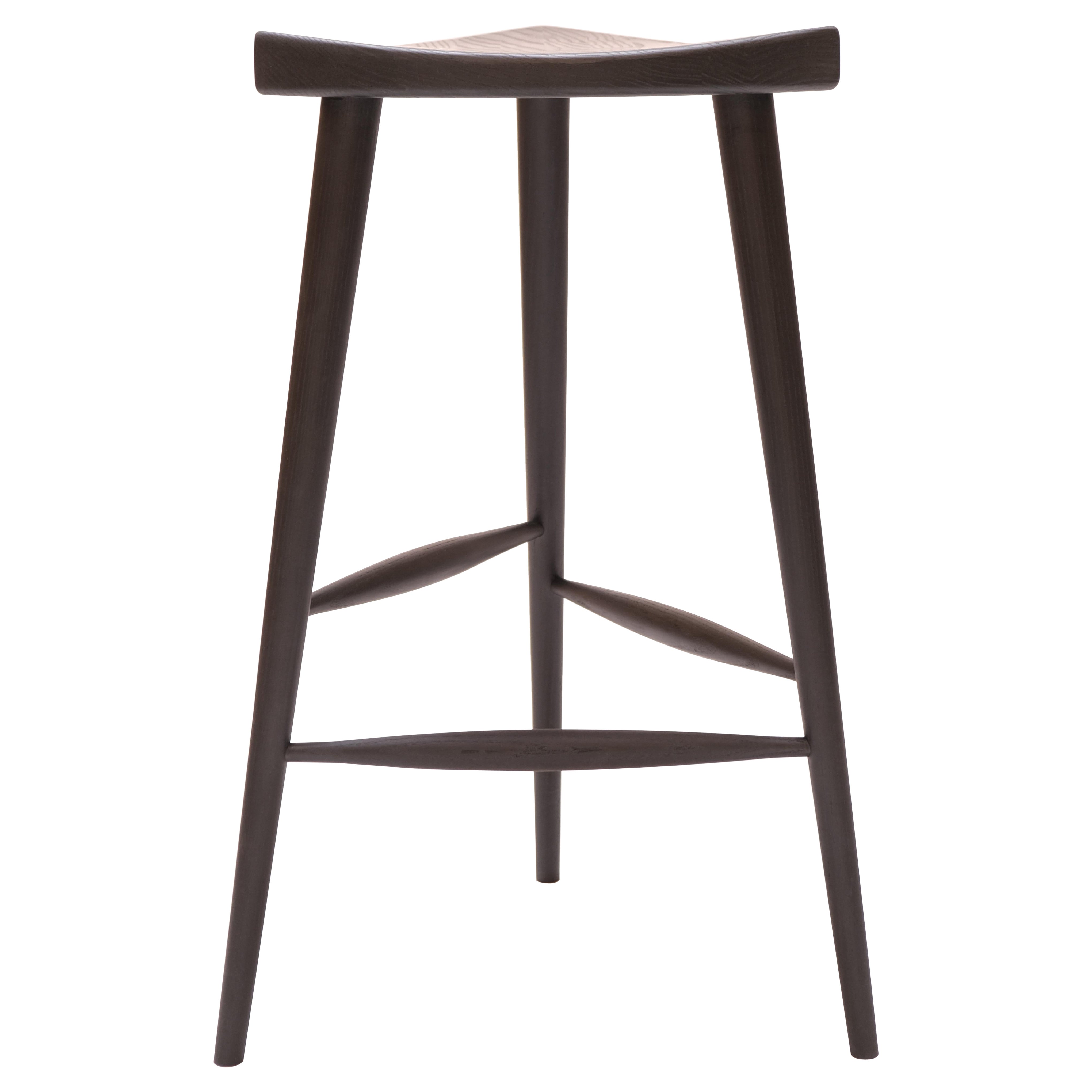 Black Oak Three Legged Danish Modern Tall Stool Japanese Design For Sale