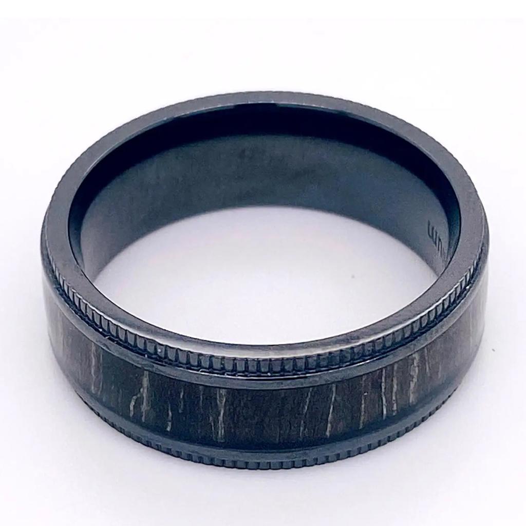 For Sale:  Black Oakwood & Titanium 8mm Coin Edge Comfort Fit Band, Wedding Statement Style 3