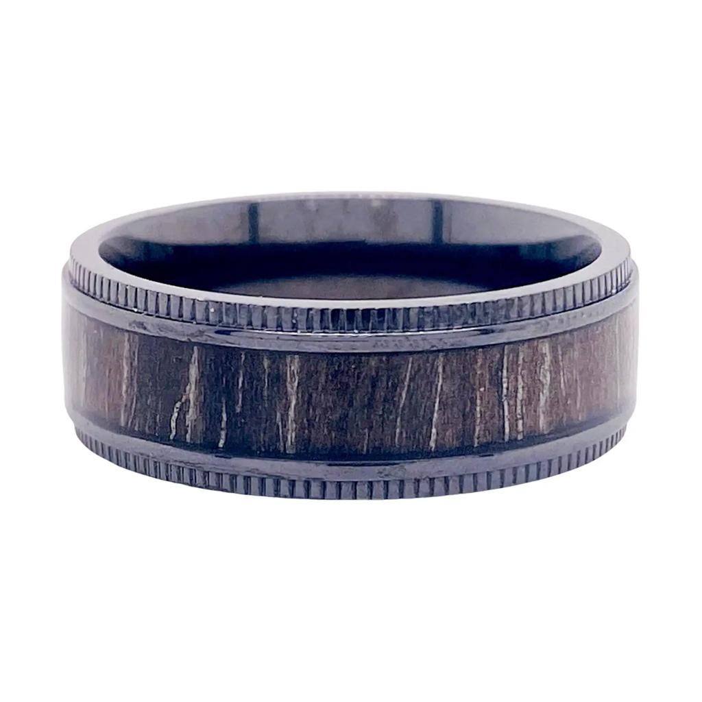 For Sale:  Black Oakwood & Titanium 8mm Coin Edge Comfort Fit Band, Wedding Statement Style 4