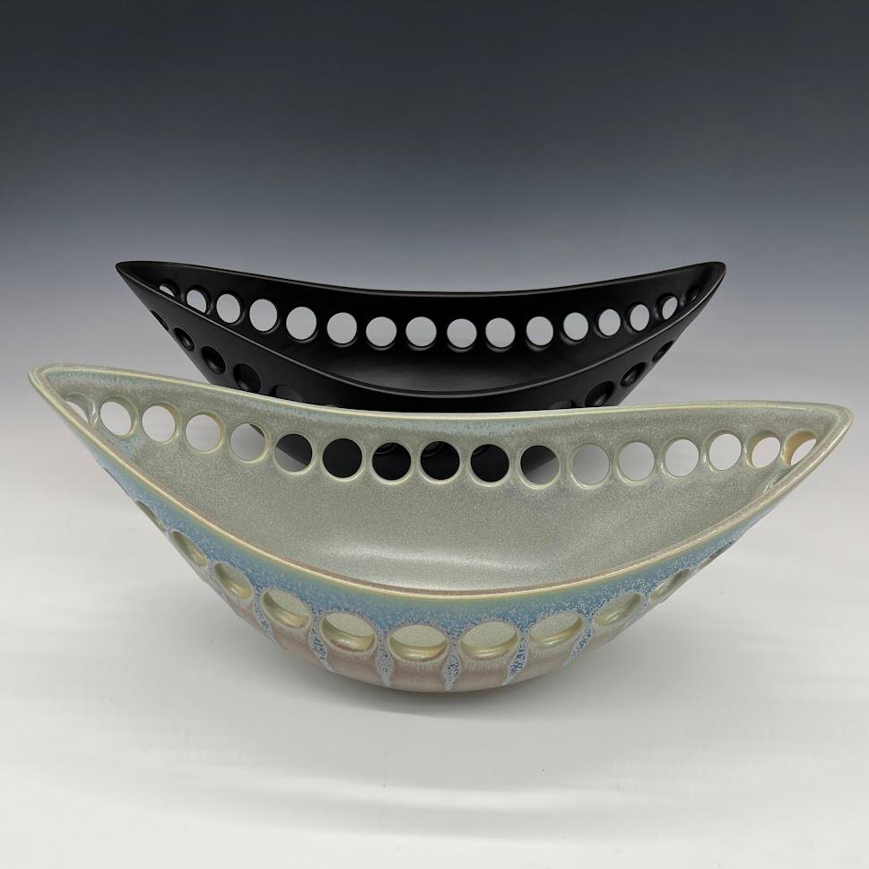 American Black Oblong Ceramic Centerpiece Fruit Bowl with Satin Glaze, in Stock For Sale