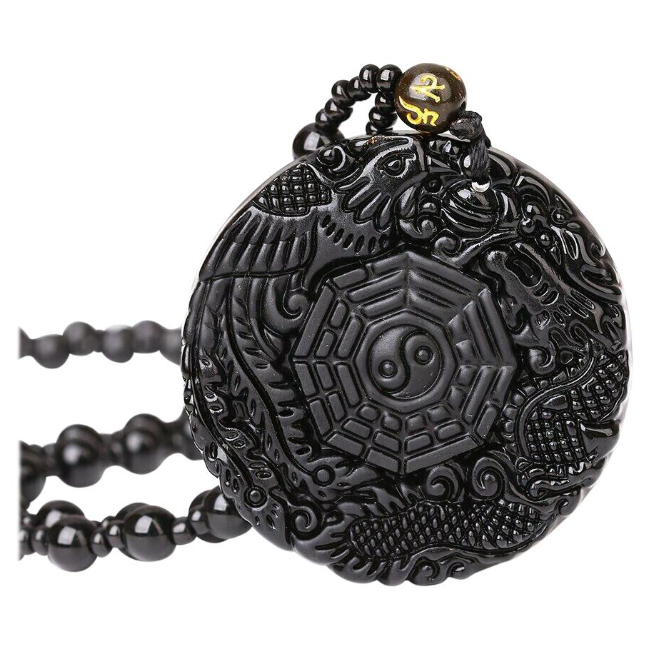 Black Obsidian Chinese Dragon Necklace For Sale