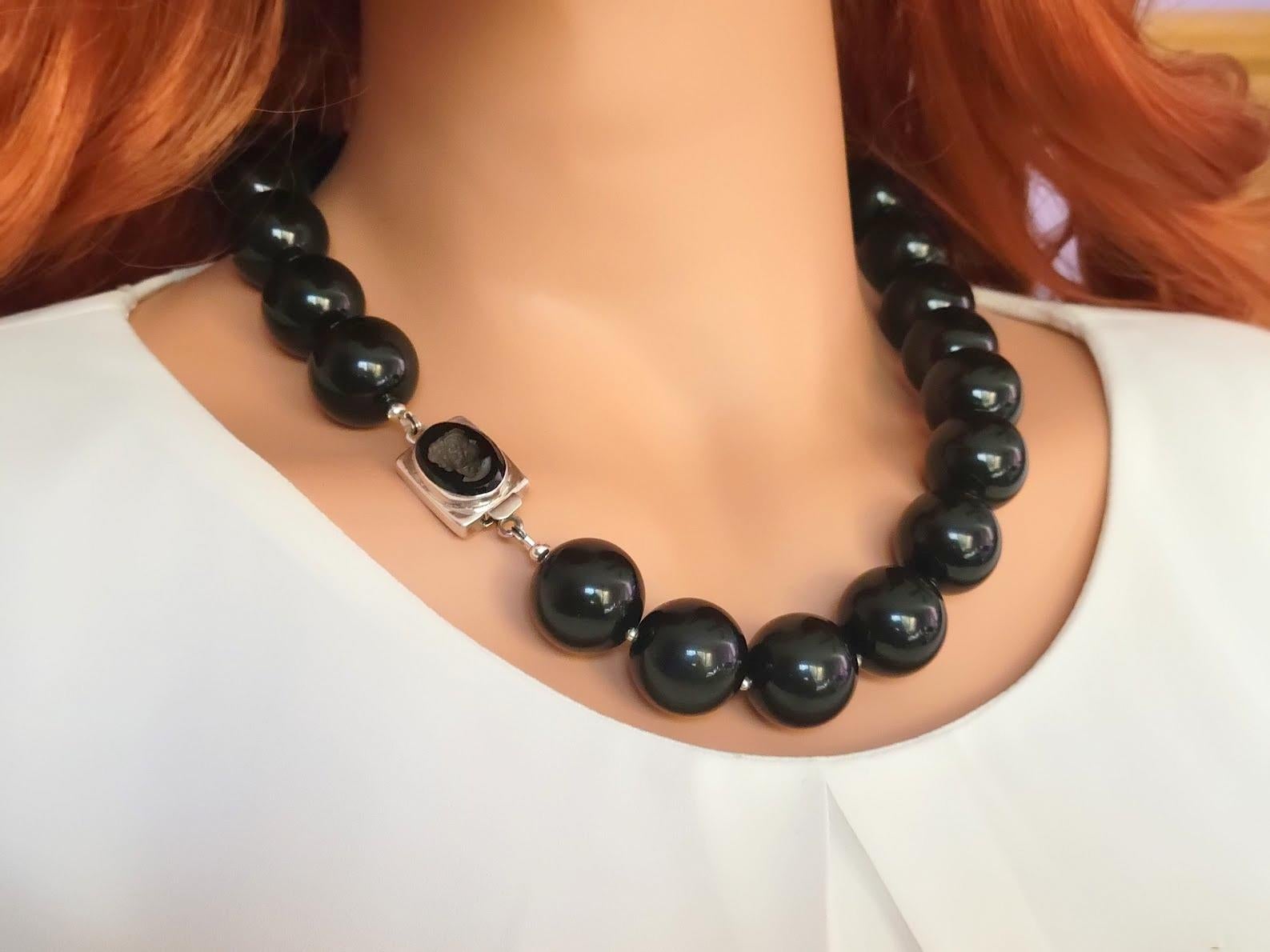Black Obsidian Necklace with Black Onyx Intaglio Cameo Clasp In New Condition For Sale In Chesterland, OH