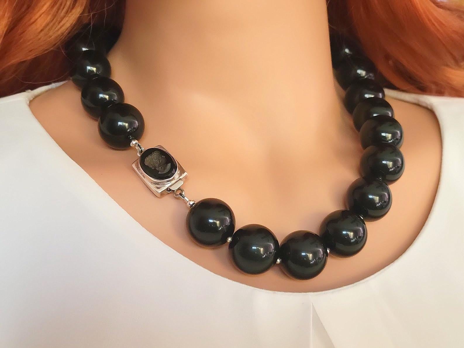 Women's or Men's Black Obsidian Necklace with Black Onyx Intaglio Cameo Clasp For Sale