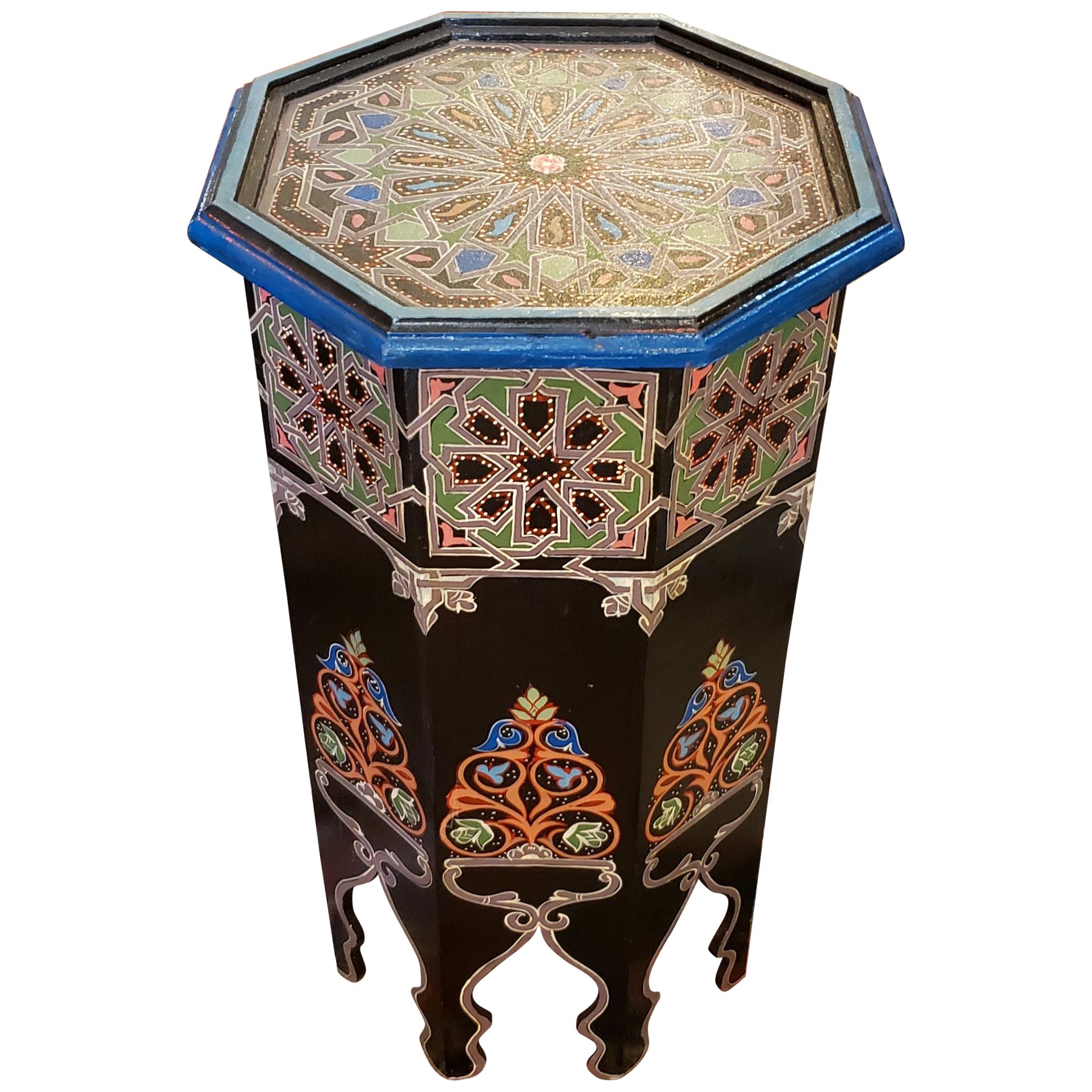 Black Octagonal Hand Painted Table, Marrakech For Sale