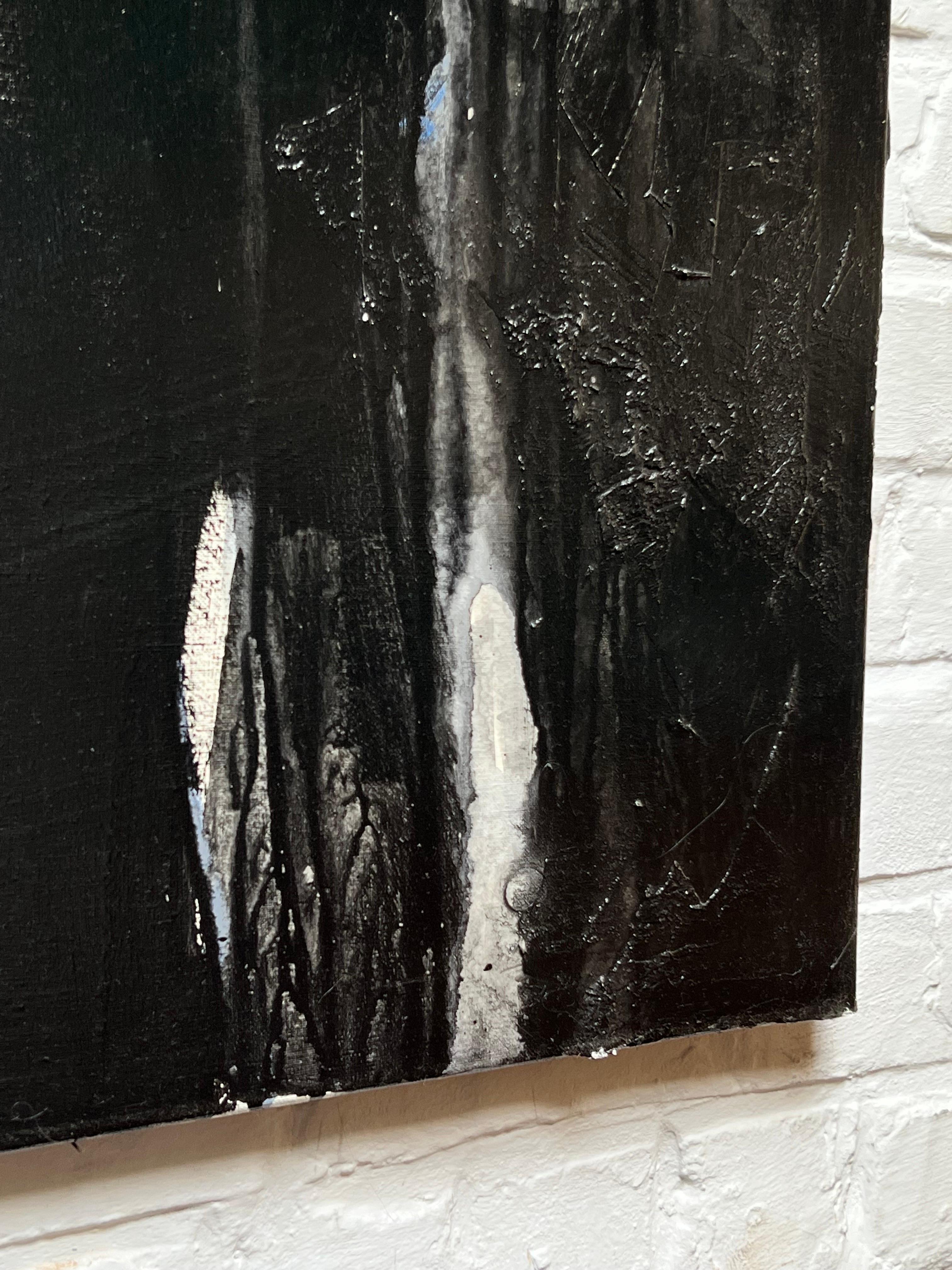 Oiled Black Oil on Canvas in the Style of Pierre Soulages by Hans Osswald 1960s For Sale