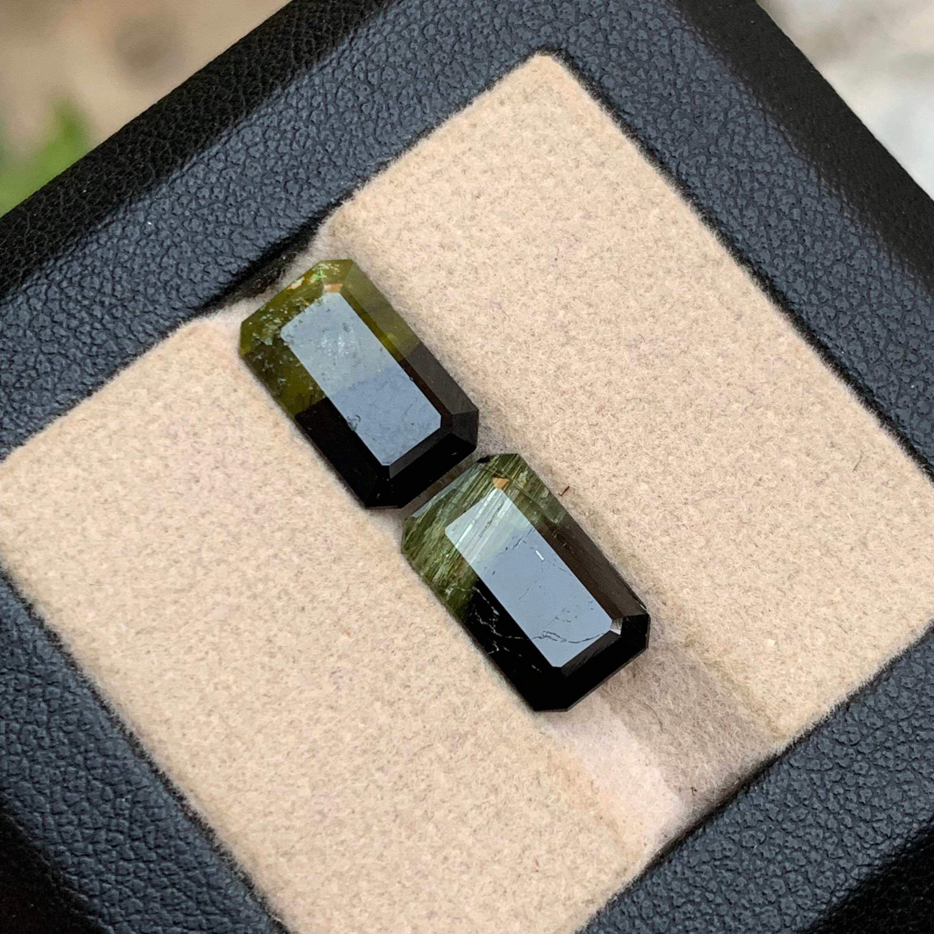 Paar Bicolor-Edelsteine aus natürlichem Turmalin in Schwarz & Olivgrün mit 7,70 Karat im Smaragdschliff im Angebot 5