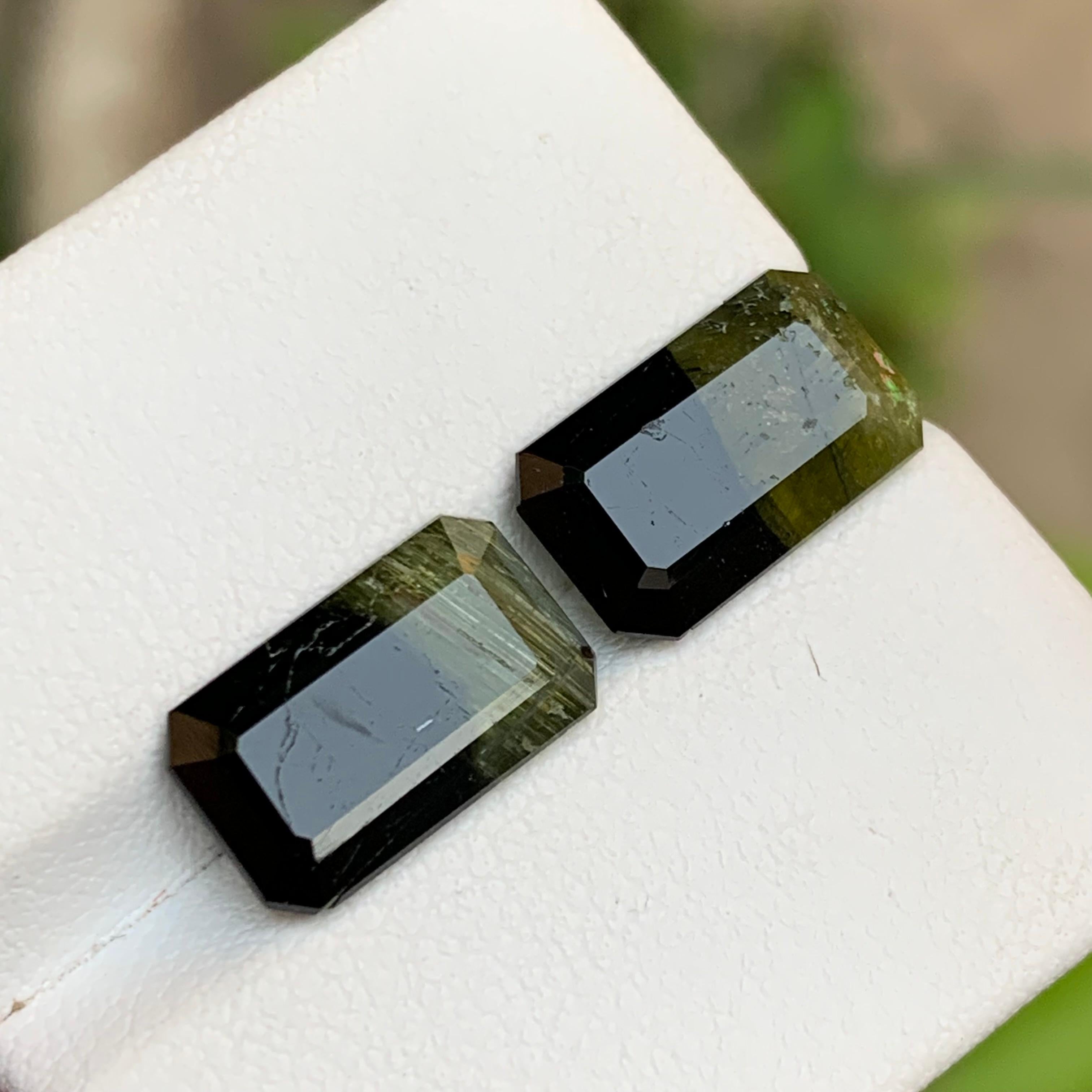 Paar Bicolor-Edelsteine aus natürlichem Turmalin in Schwarz & Olivgrün mit 7,70 Karat im Smaragdschliff im Angebot 6