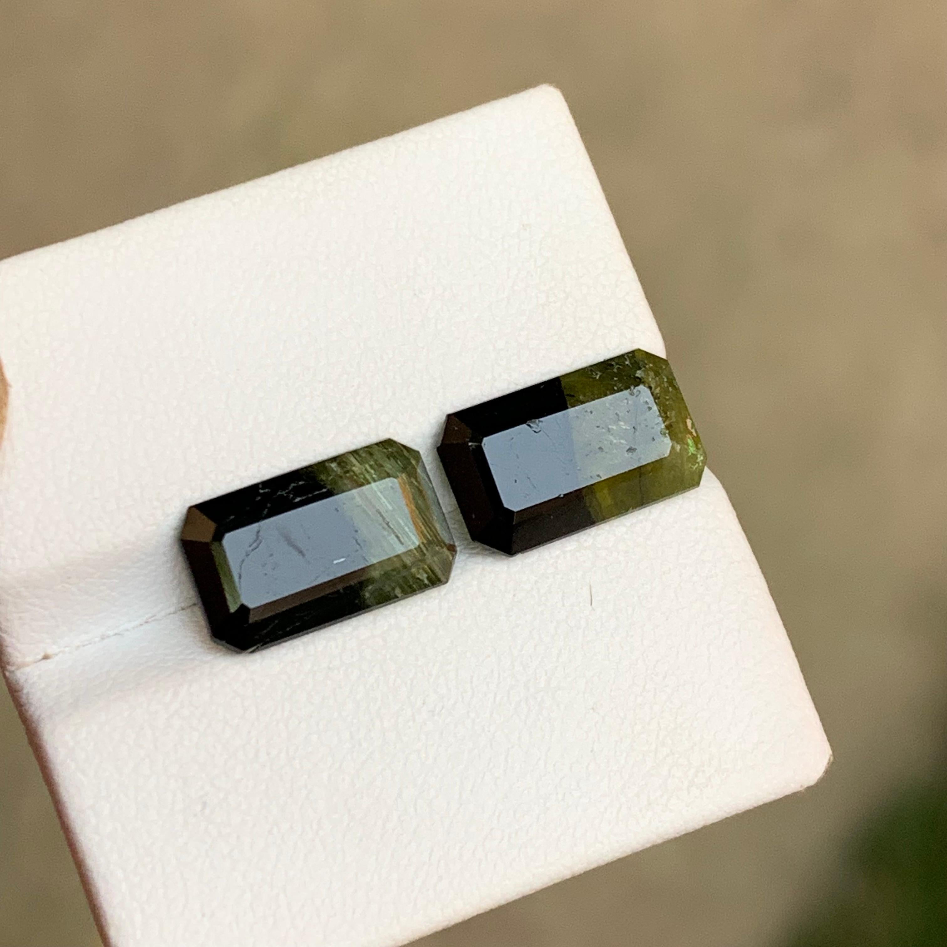 Paar Bicolor-Edelsteine aus natürlichem Turmalin in Schwarz & Olivgrün mit 7,70 Karat im Smaragdschliff im Zustand „Neu“ im Angebot in Peshawar, PK