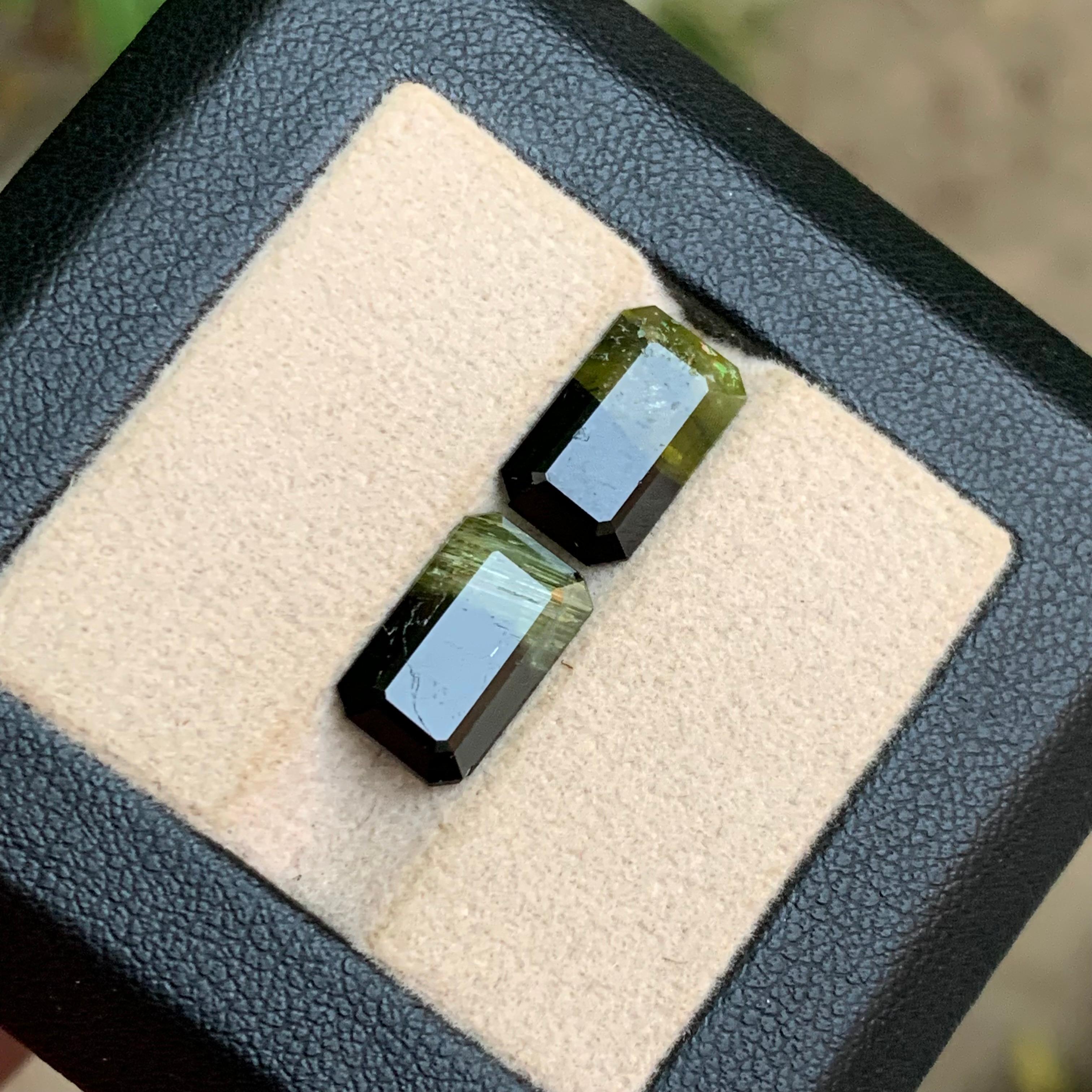 Paar Bicolor-Edelsteine aus natürlichem Turmalin in Schwarz & Olivgrün mit 7,70 Karat im Smaragdschliff im Angebot 3