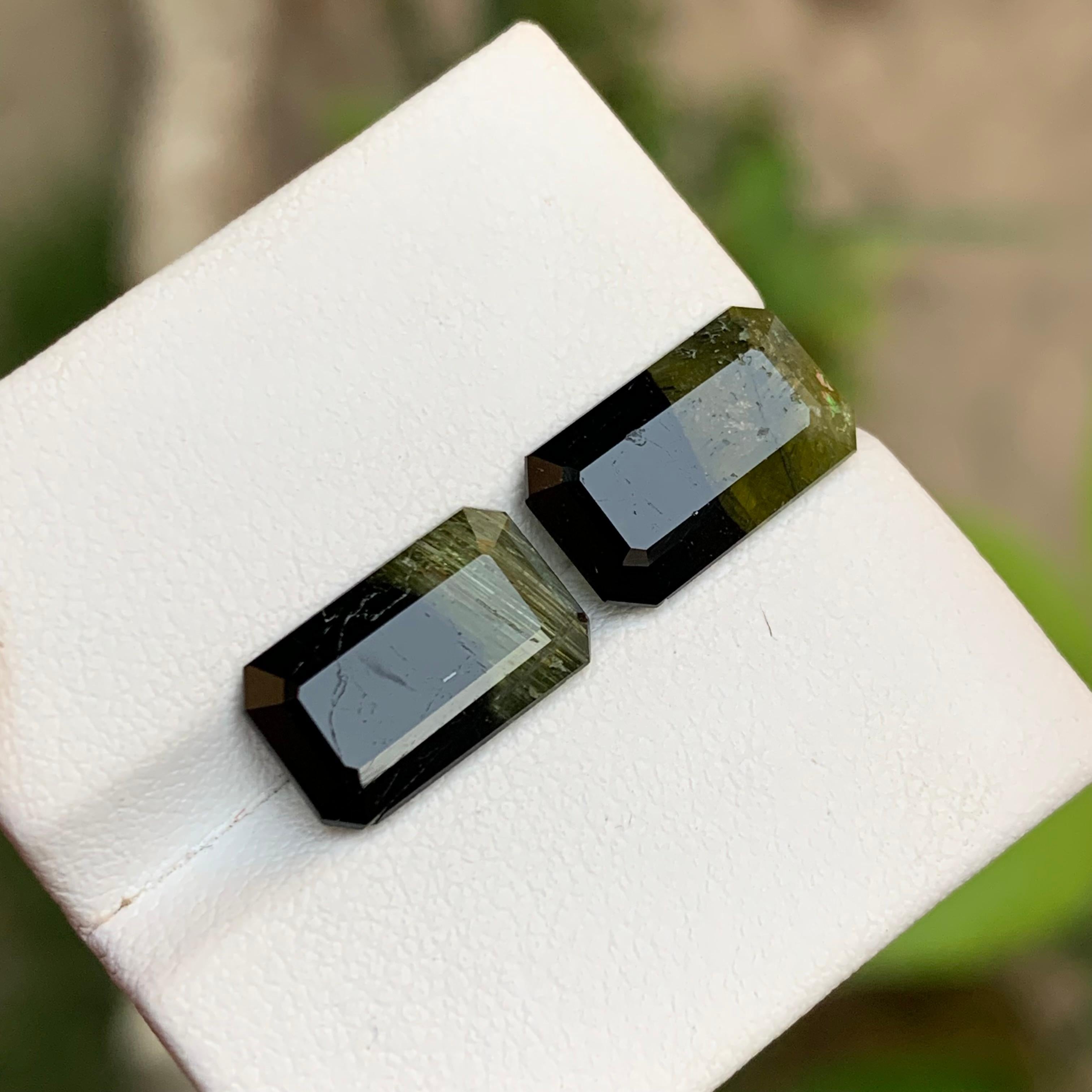Paar Bicolor-Edelsteine aus natürlichem Turmalin in Schwarz & Olivgrün mit 7,70 Karat im Smaragdschliff im Angebot 4