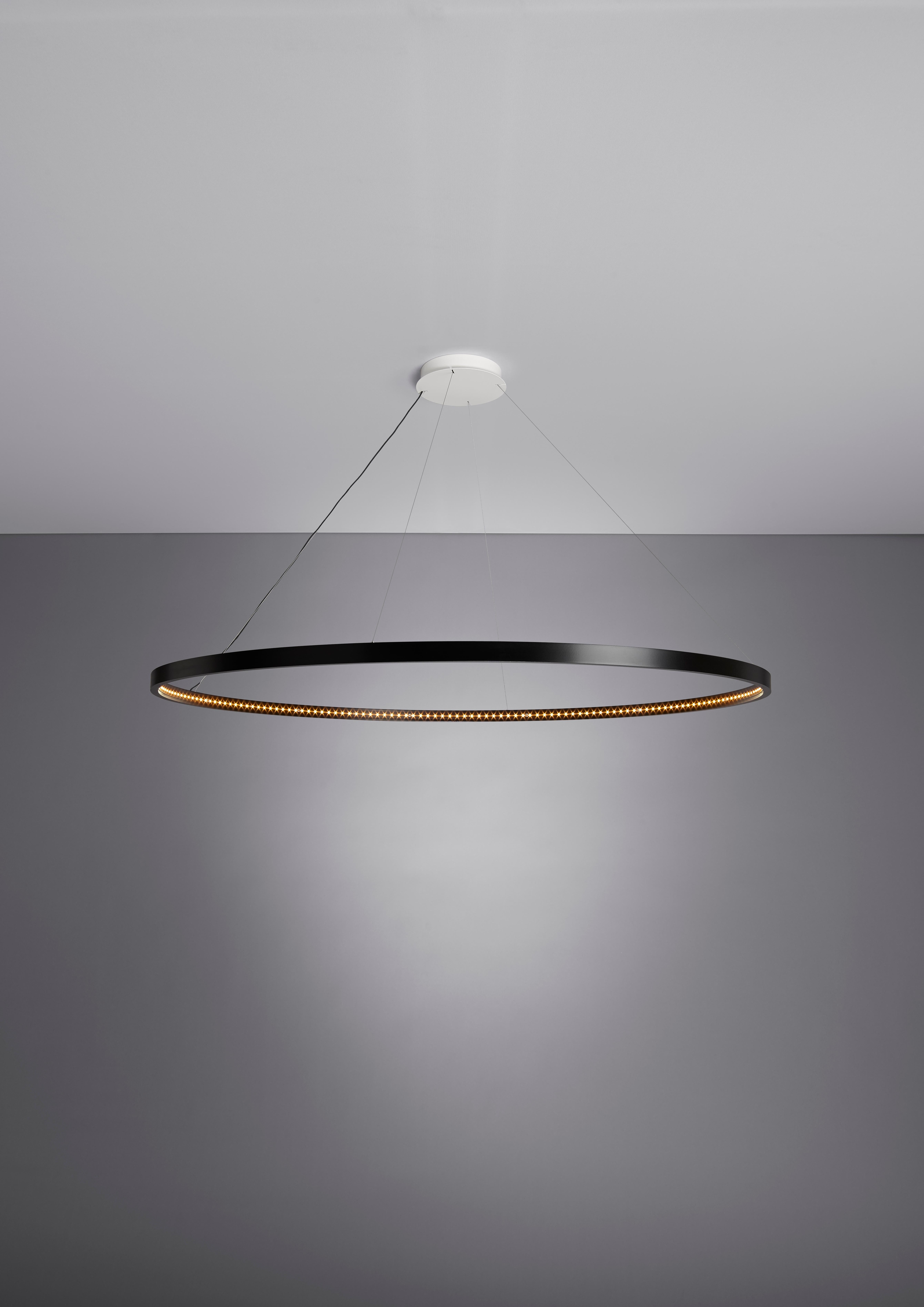 Black Omega 120 Pendant Lamp by Le Deun Luminaires
Dimensions: D 126 x H 50-300 cm. 
Materials: Epoxy painted steel.

They are a French company established in 1997, specializing in designing and manufacturing low-energy consumption lighting. They