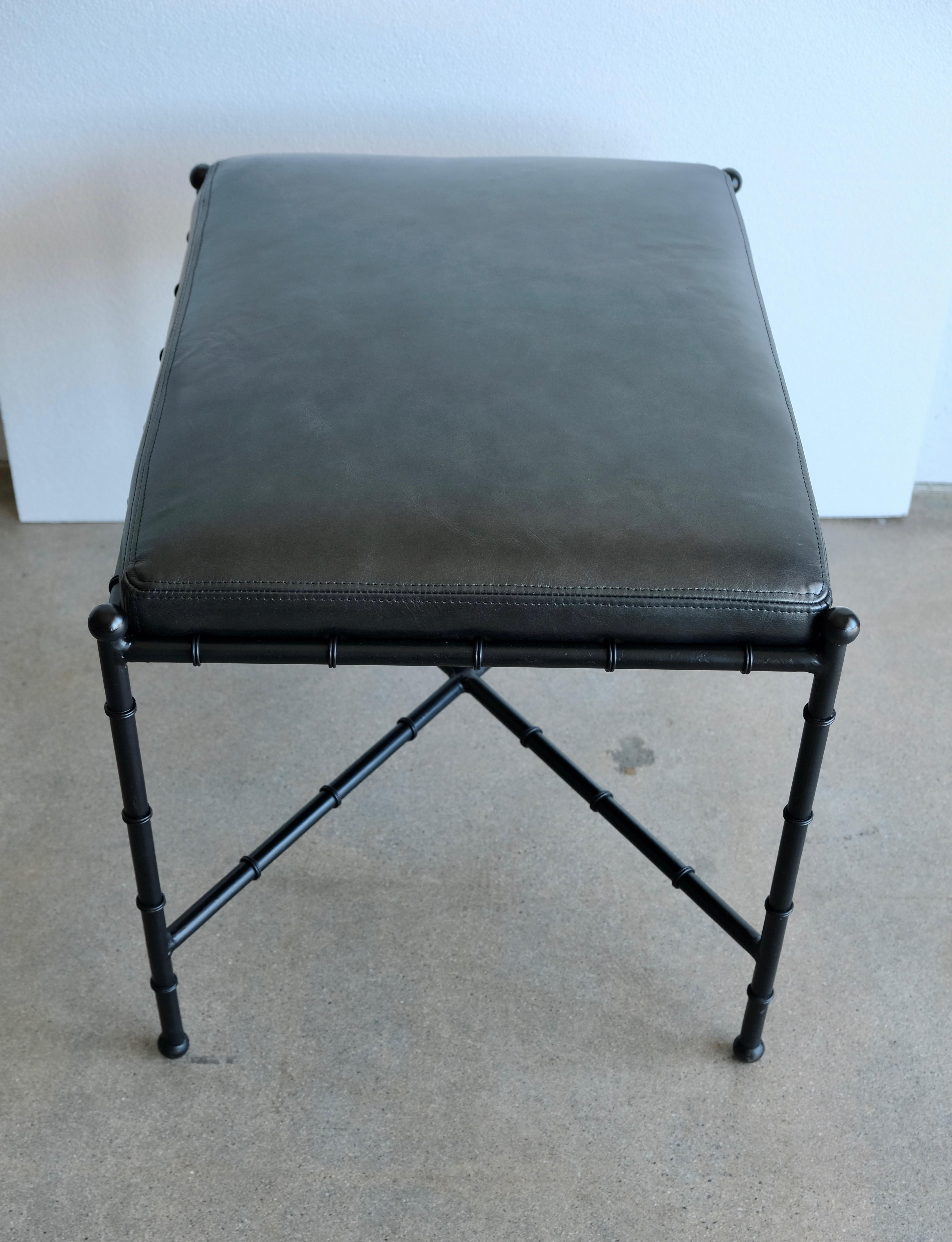 Black on Black Leather and Metal Bamboo Vanity Stool For Sale 3