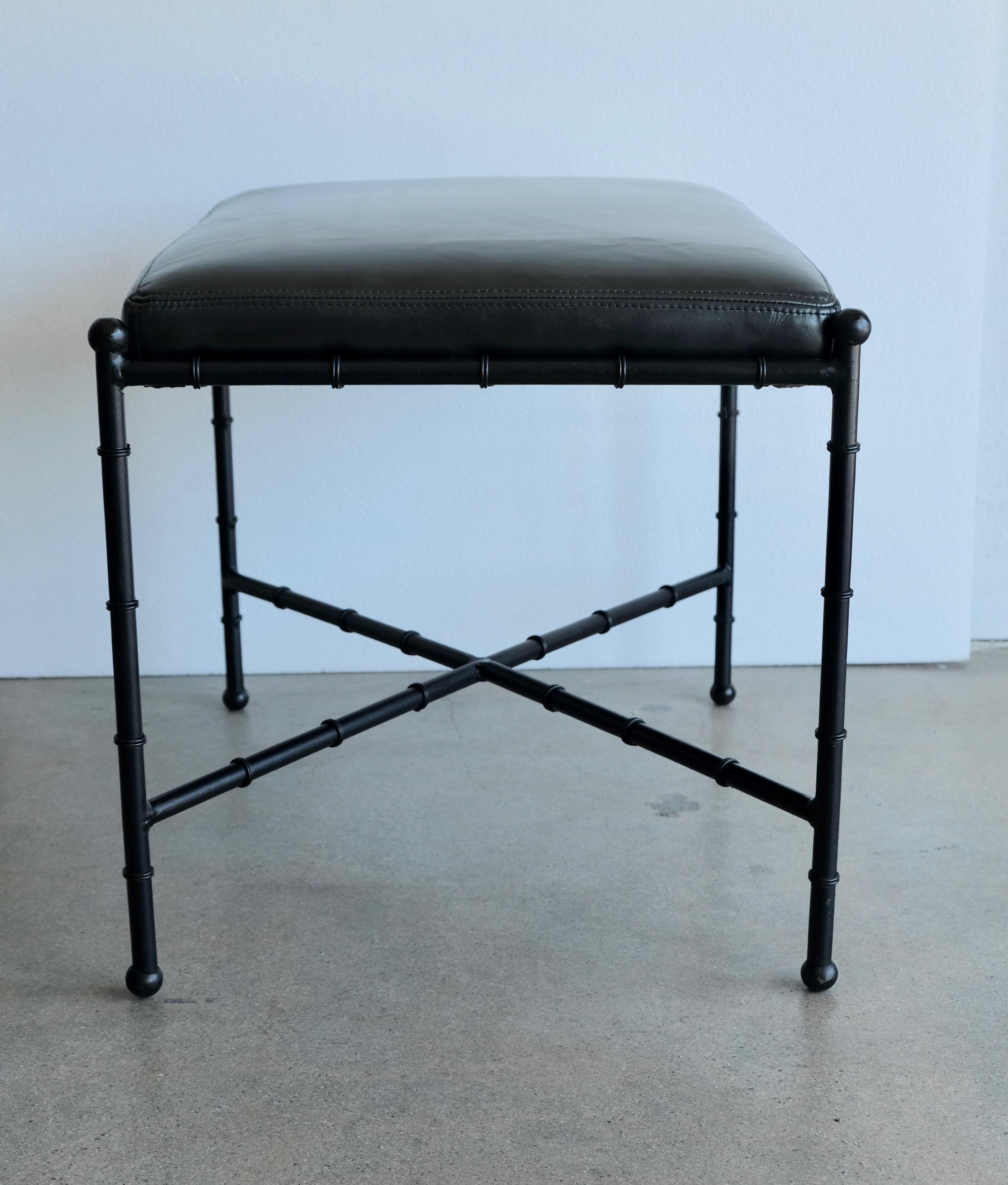 Black on Black Leather and Metal Bamboo Vanity Stool For Sale 4