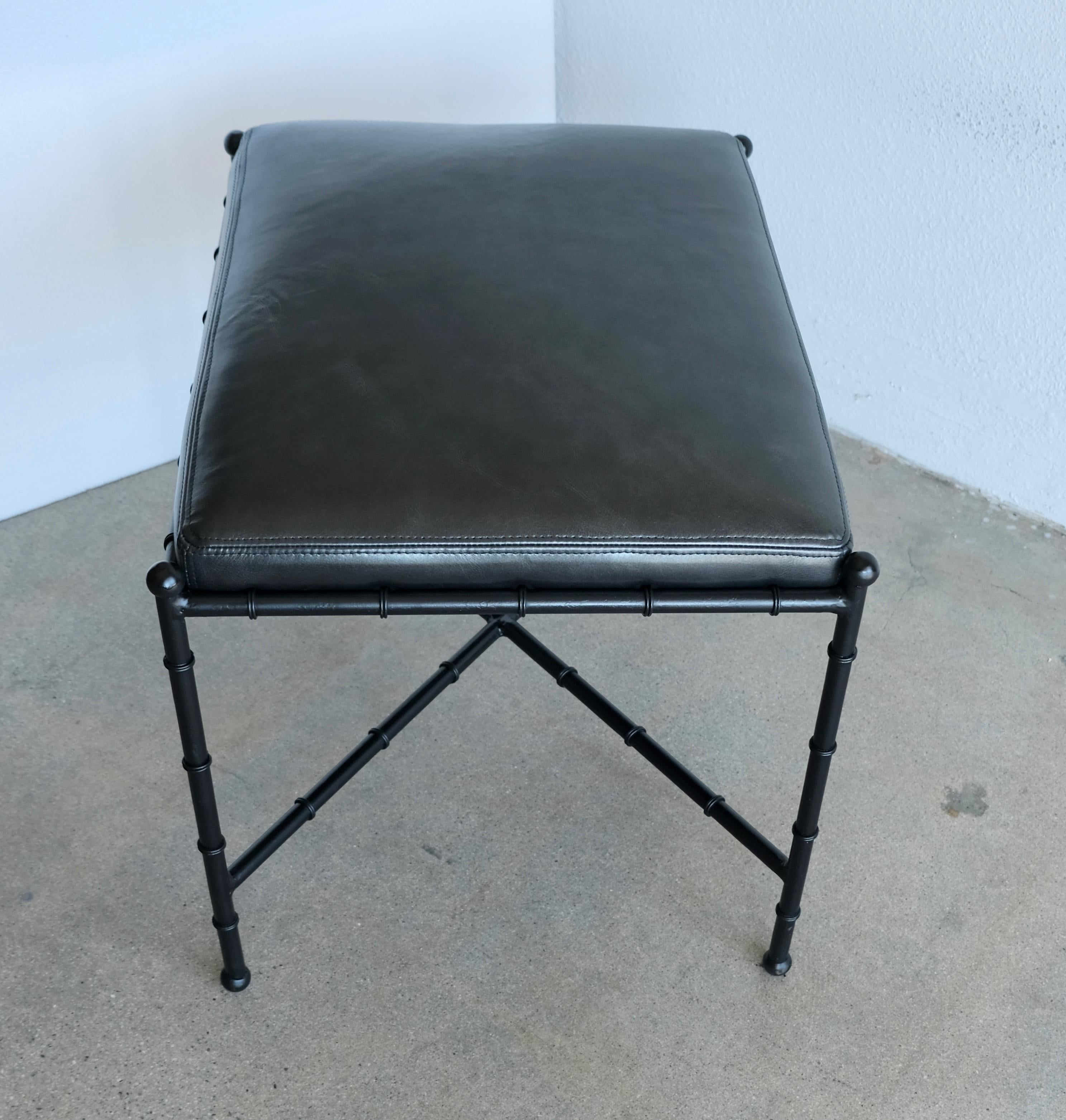 Black on Black Leather and Metal Bamboo Vanity Stool For Sale 7