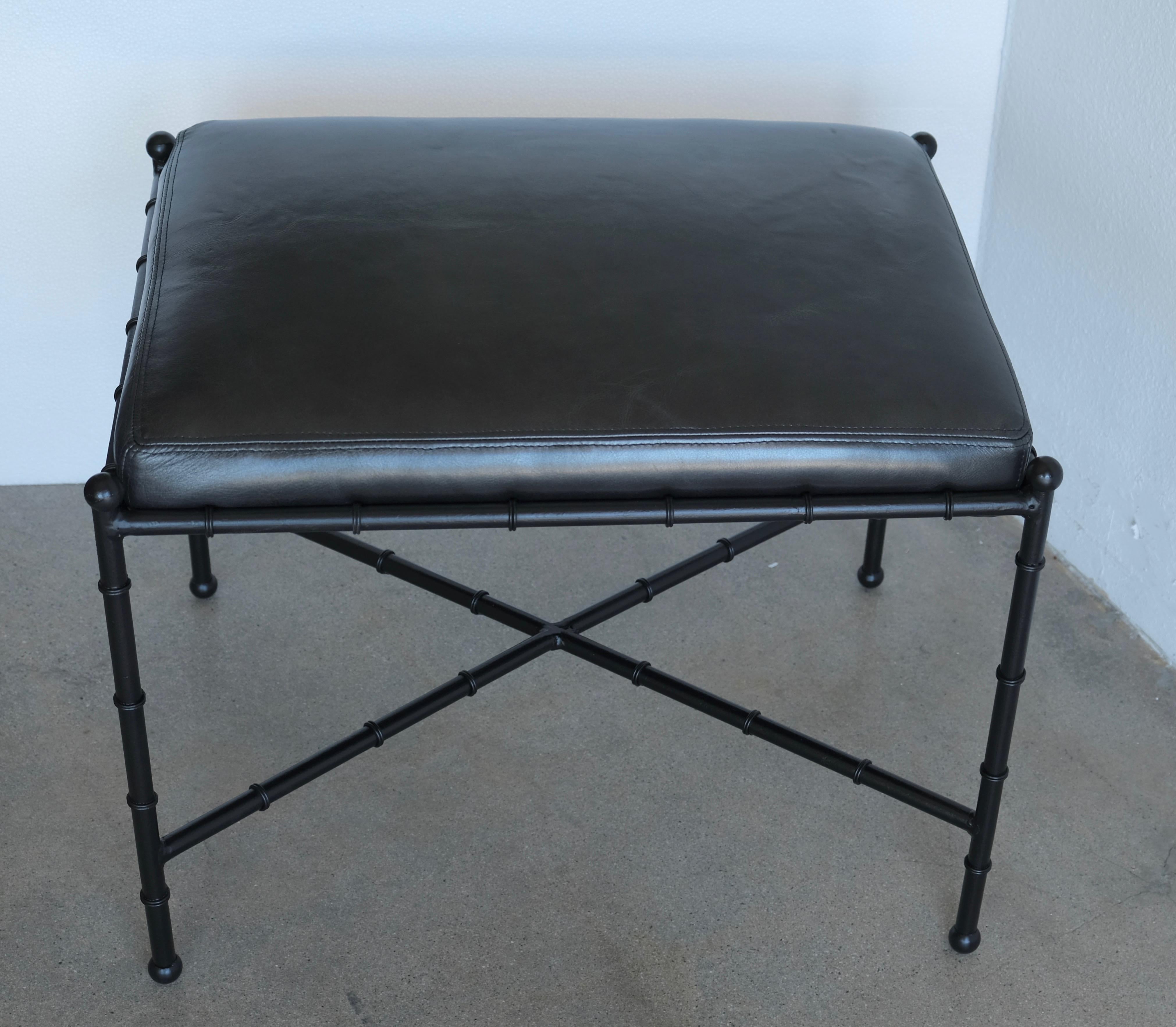 Black on Black Leather and Metal Bamboo Vanity Stool For Sale 8