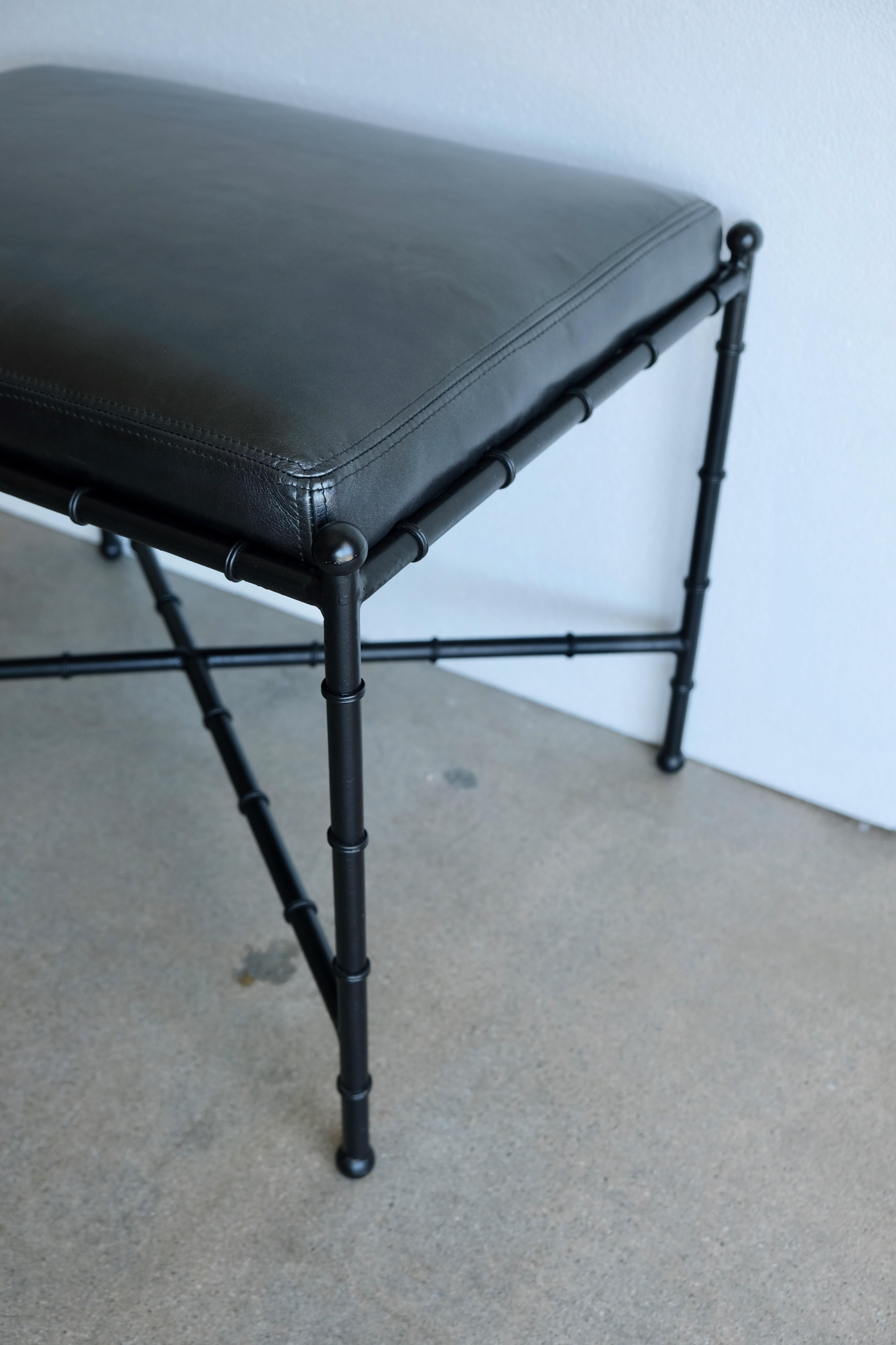Hollywood Regency Black on Black Leather and Metal Bamboo Vanity Stool For Sale