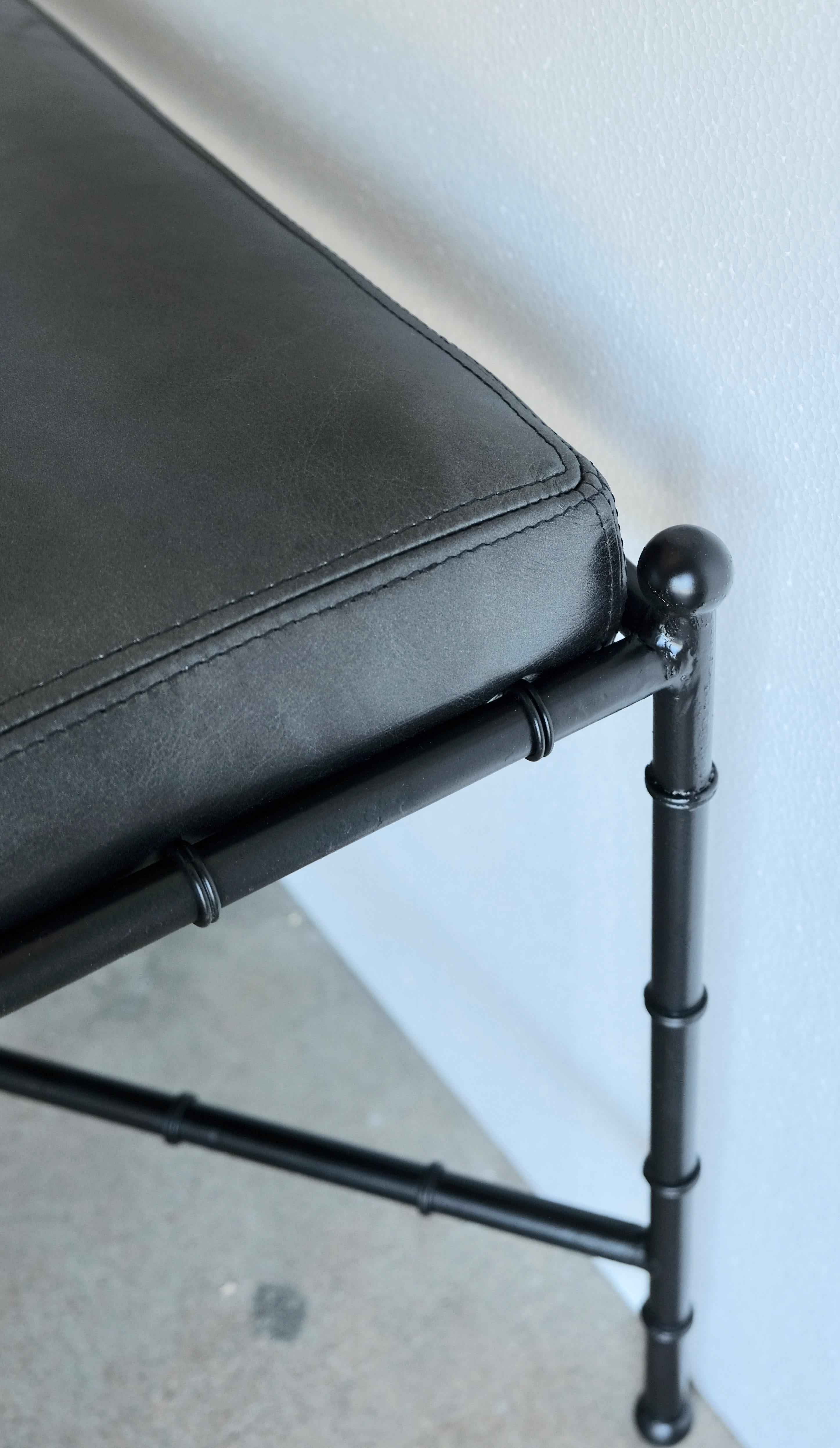 American Black on Black Leather and Metal Bamboo Vanity Stool For Sale