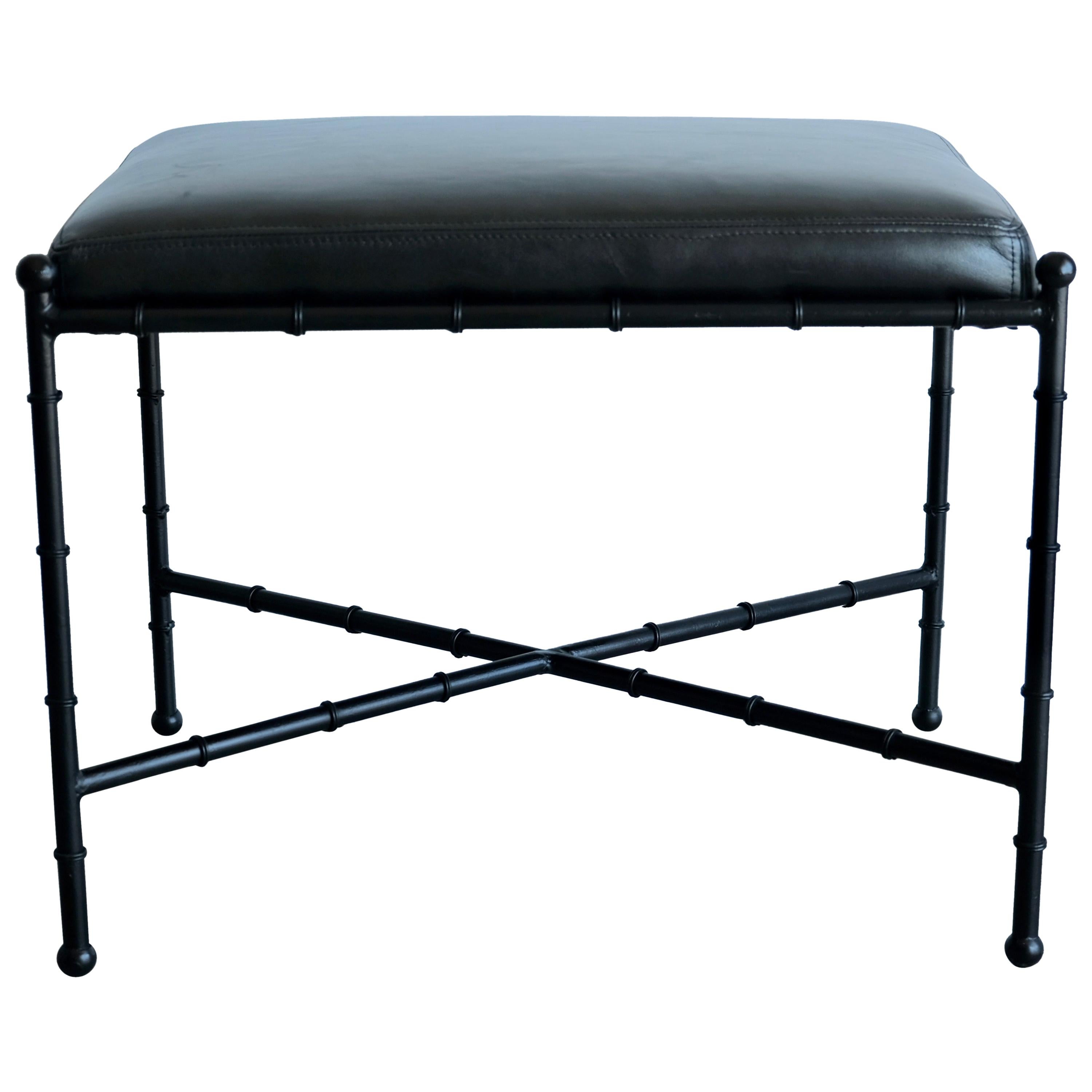 Black on Black Leather and Metal Bamboo Vanity Stool For Sale