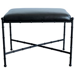 Vintage Black on Black Leather and Metal Bamboo Vanity Stool