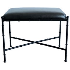 Retro Black on Black Leather and Metal Bamboo Vanity Stool