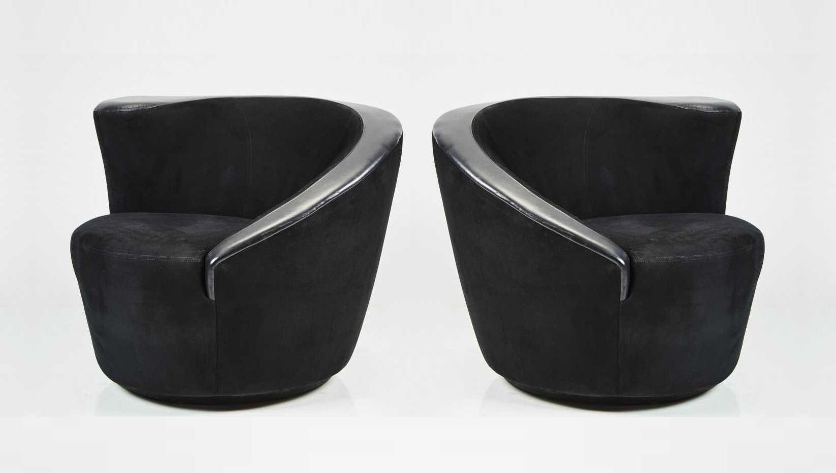Mid-Century Modern Black on Black Upholstered Pair Vladimir Kagan Nautilus Swivel Chairs