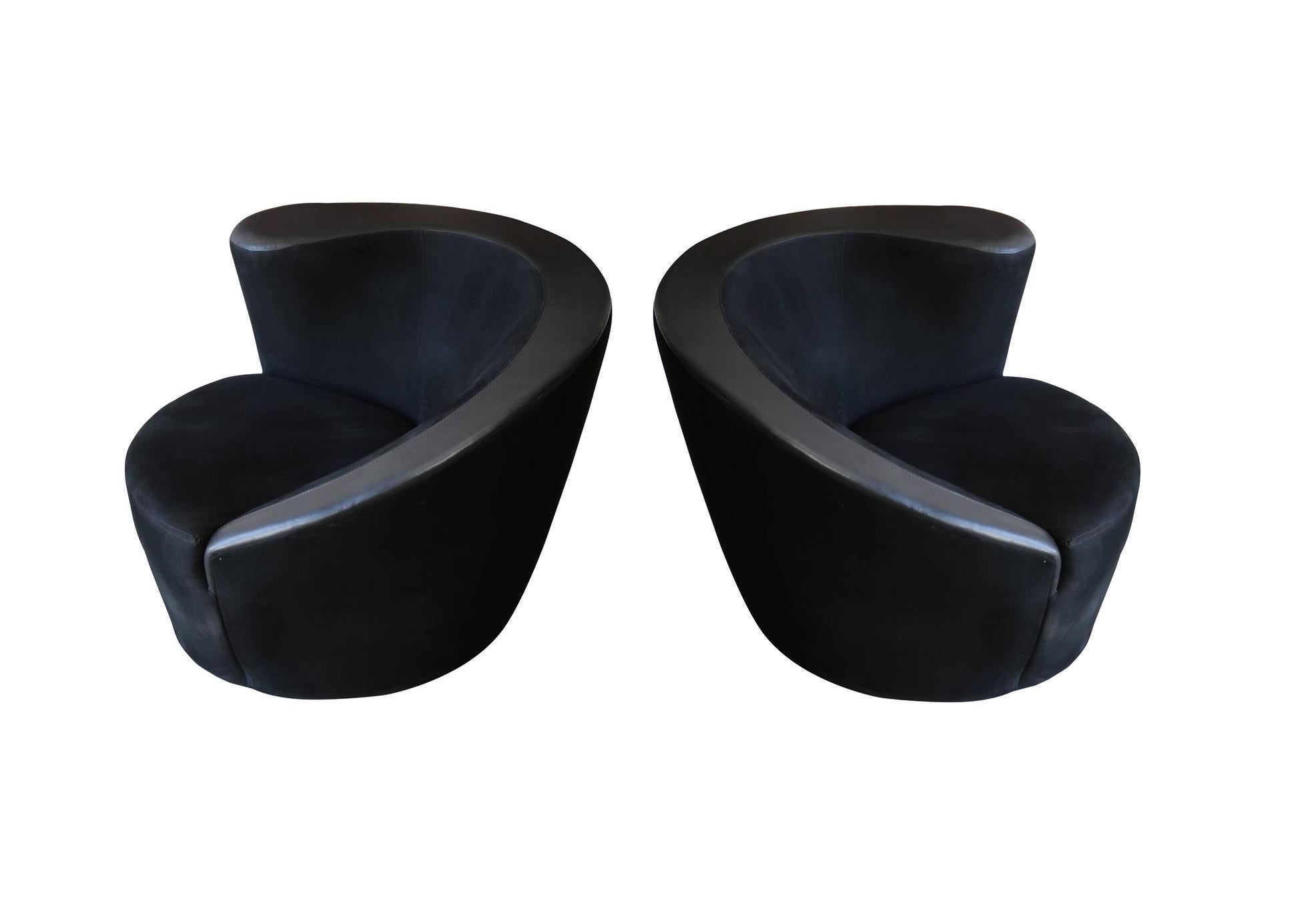Late 20th Century Black on Black Upholstered Pair Vladimir Kagan Nautilus Swivel Chairs