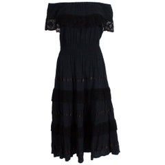 Vintage Black On/Off Shoulder Dress with Crochet Border and Ribbon Detail