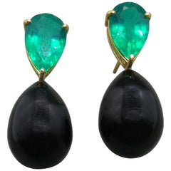 Black Onix Round Drops Faceted Pear Shape Green Quartz 14 Karat Gold Earrings