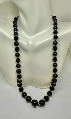 Black Onyx 14 Karat Gold Bead Necklace 19 Inch Statement Necklace 13mm Beads