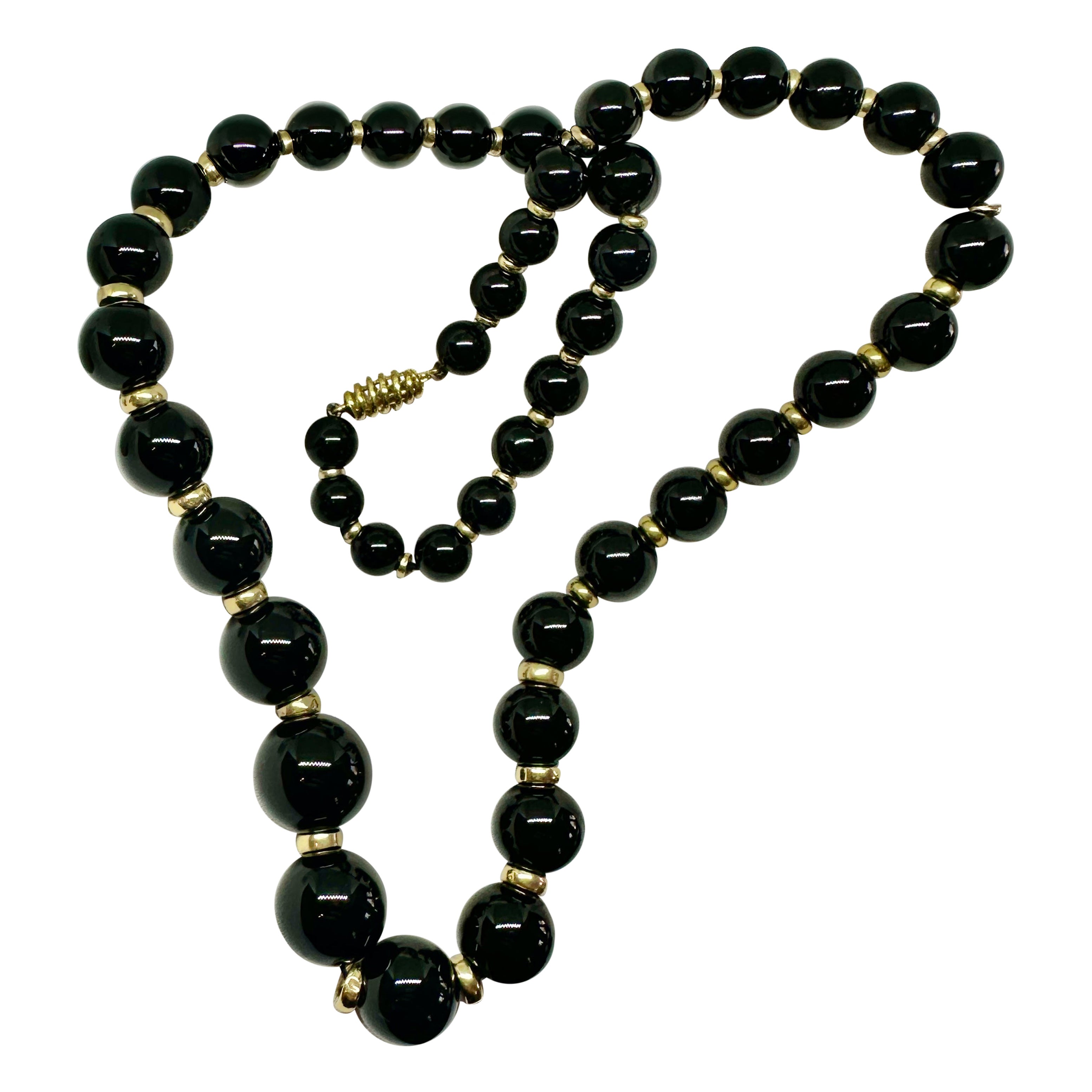 Black Onyx 14 Karat Gold Bead Necklace 19 Inch Statement Necklace 13mm Beads im Angebot