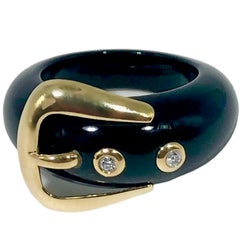 Black Onyx, 14K Yellow Gold and Diamond Buckle Ring