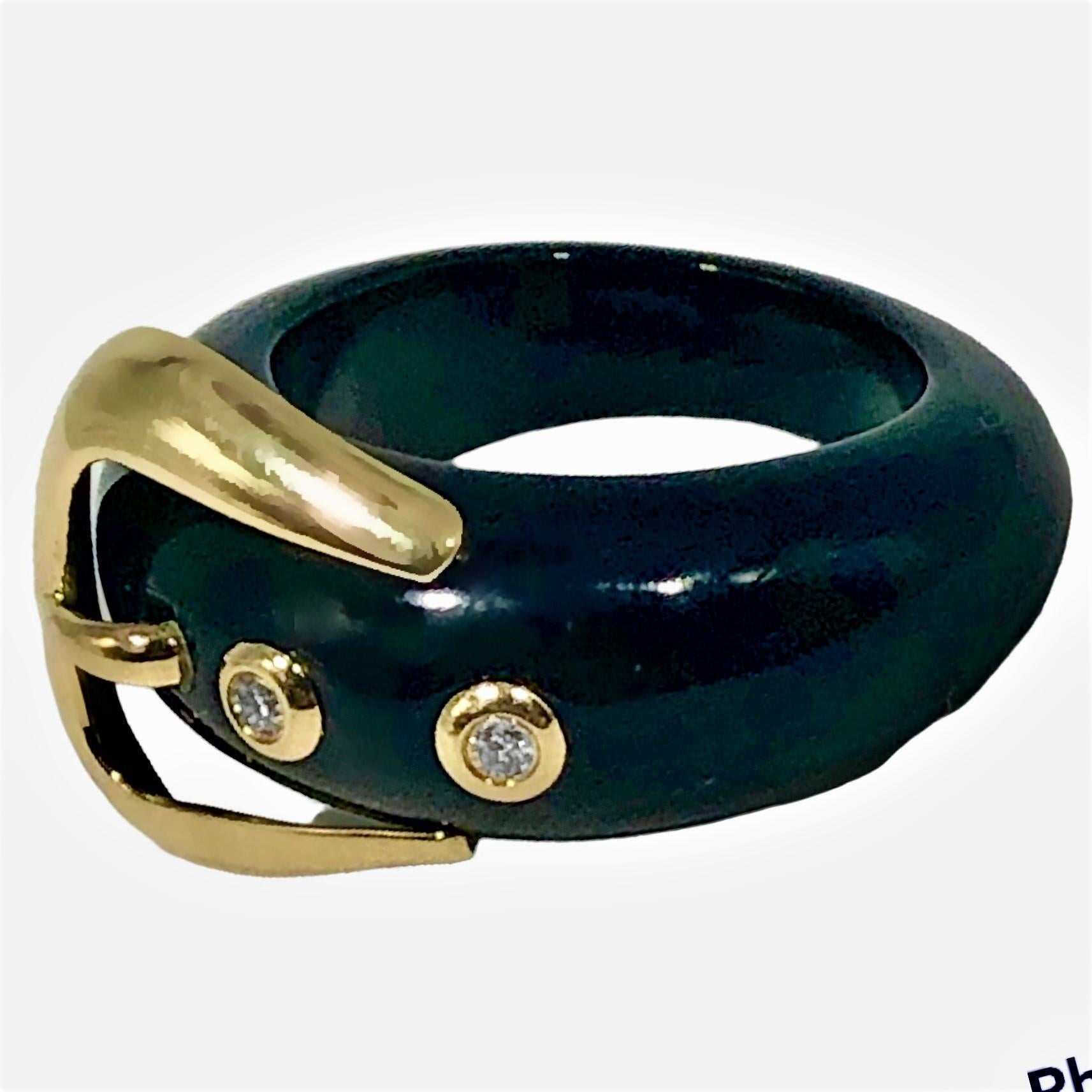 Modern Black Onyx, 14K Yellow Gold and Diamond Buckle Ring For Sale