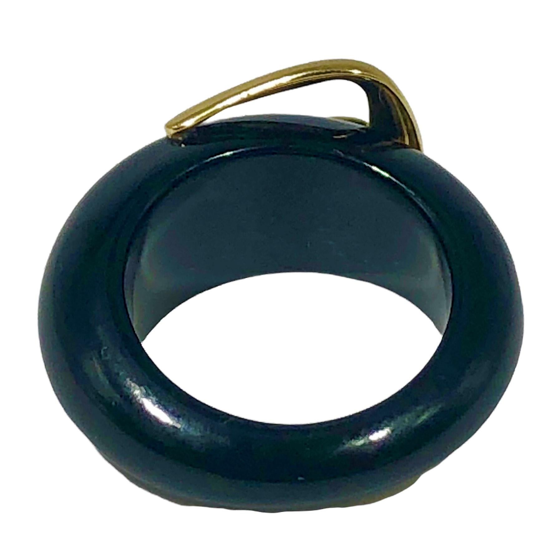 Brilliant Cut Black Onyx, 14K Yellow Gold and Diamond Buckle Ring For Sale
